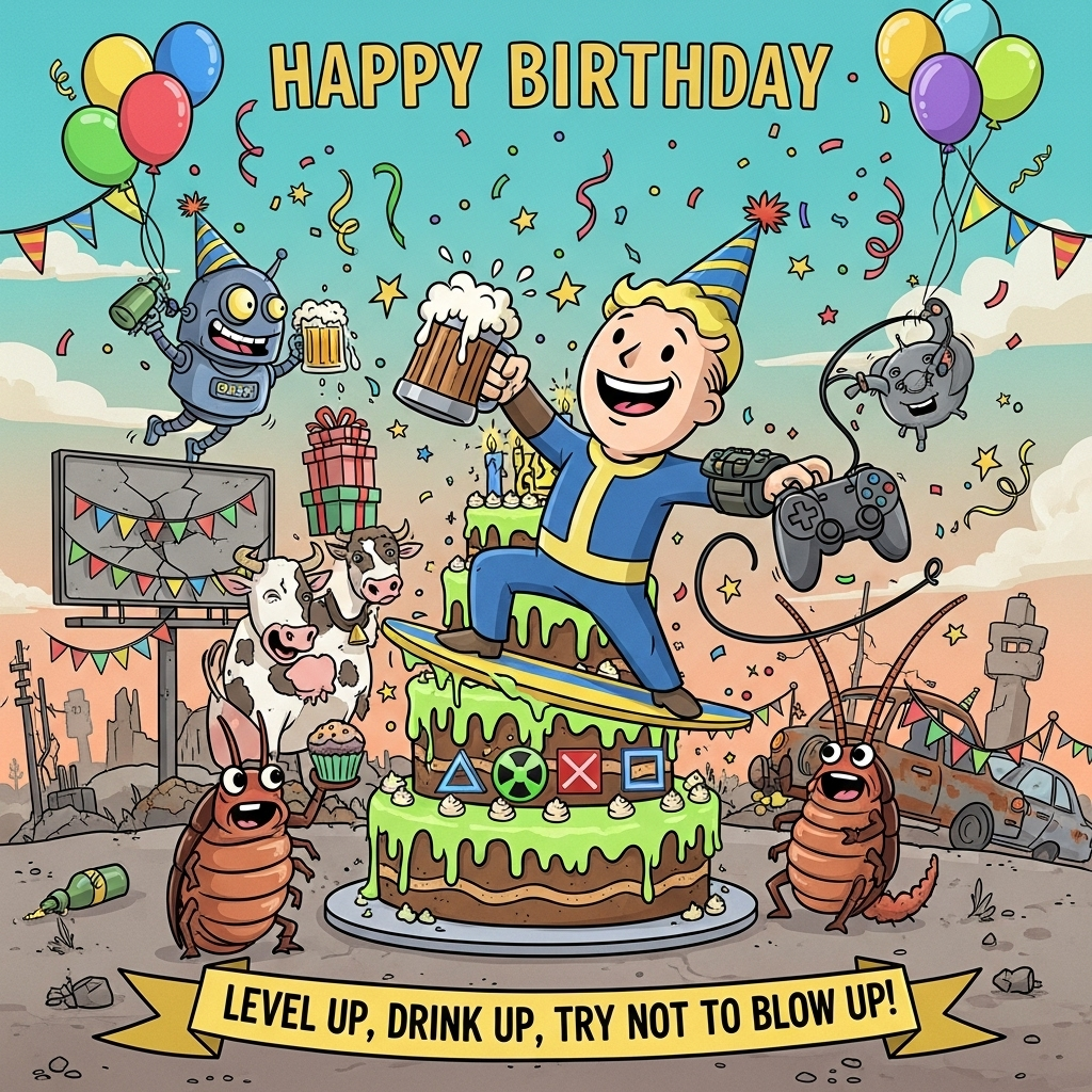 1) Birthday AI Generated Card - Fallout, Beer, Cake, Playstation, and ...