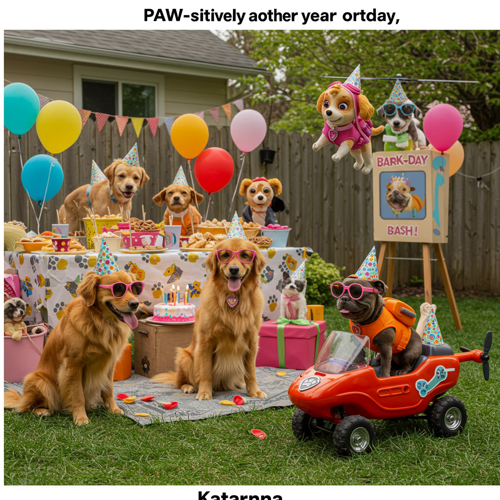At the top of the realistic photograph image, "PAW-sitively another year older, Katanna!"

Realistic photo image prompt:  
A hyper-realistic photograph of a suburban backyard transformed into a full-blown Paw Patrol-themed birthday party scene — think highly detailed, photo-real costumed dogs resembling Paw Patrol characters, but portrayed as actual real-life dogs in silly handmade costumes (not cartoons), complete with mini hats, sunglasses, and party blowers. One golden retriever dressed like Chase is clumsily holding a birthday cake with his paws, looking like it might topple over, while a French bulldog dressed as Skye zooms past in a remote-control toy helicopter. The birthday table is full of hilariously overdone dog-themed snacks and one clearly confused cat wearing a birthday hat hiding under it. Balloons everywhere spell out "Bark-Day Bash!" and there's a photo booth in the background with ridiculous props like bone-shaped glasses. The vibe is joyful chaos — like someone gave the pups too much sugar. Natural daylight with bright, vibrant colors and comedic expressions frozen mid-action.
Generated with these themes: paw patrol.
Made with ❤️ by AI.