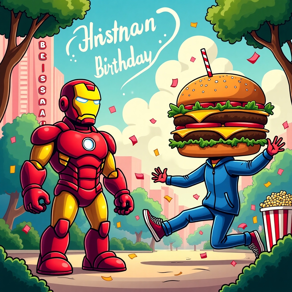Imagine a bustling, vivid scene brimming with delightful chaos. In the foreground, a cartoon Iron Man, with exaggerated, cartoonish features, stands proudly with his metallic suit gleaming in a bright cherry red and gold. His outstretched hand blasts confetti instead of repulsors, showering the scene with colorful streamers.

To Iron Man's right, an athlete mid-jump, with elongated limbs and a comically oversized head, is clad in a vibrant electric blue tracksuit with white stripes. His sneakers are impossibly large, capturing the essence of comic exaggeration. His hair flies back as if caught in an eternal wind, adding to the movement.

On the left, an enormous, whimsical burger with cartoonishly round buns and a smiling face, sits atop a striped popcorn bucket like a throne. The burger's sesame seeds are depicted as twinkling stars. Layers of vividly colored lettuce, tomato, and cheese peek from within. A soda straw extends from the top, spiraling up like a straw hat.

In the background, an old-fashioned cinema marquee towers above, its bright lights spelling out "Happy Birthday" in bold, retro letters. The sky is a playful mix of bubblegum pink and soft azure, reminiscent of a twilight setting in a comic strip.

Above it all, a plane-shaped cloud writes "Kristian" across the sky in a wispy white, its letters curving with the wind.

The entire scene is framed by lush, exaggerated foliage, inspired by Bill Watterson’s landscapes, with the simple, clean lines characteristic of Charles Schulz’s Peanuts. The colors are saturated and lively, inviting the viewer into this cartoon world full of playful surprises and iconic imagery.
Generated with these themes: iron man, athlete, burger and cinema .
Made with ❤️ by AI.