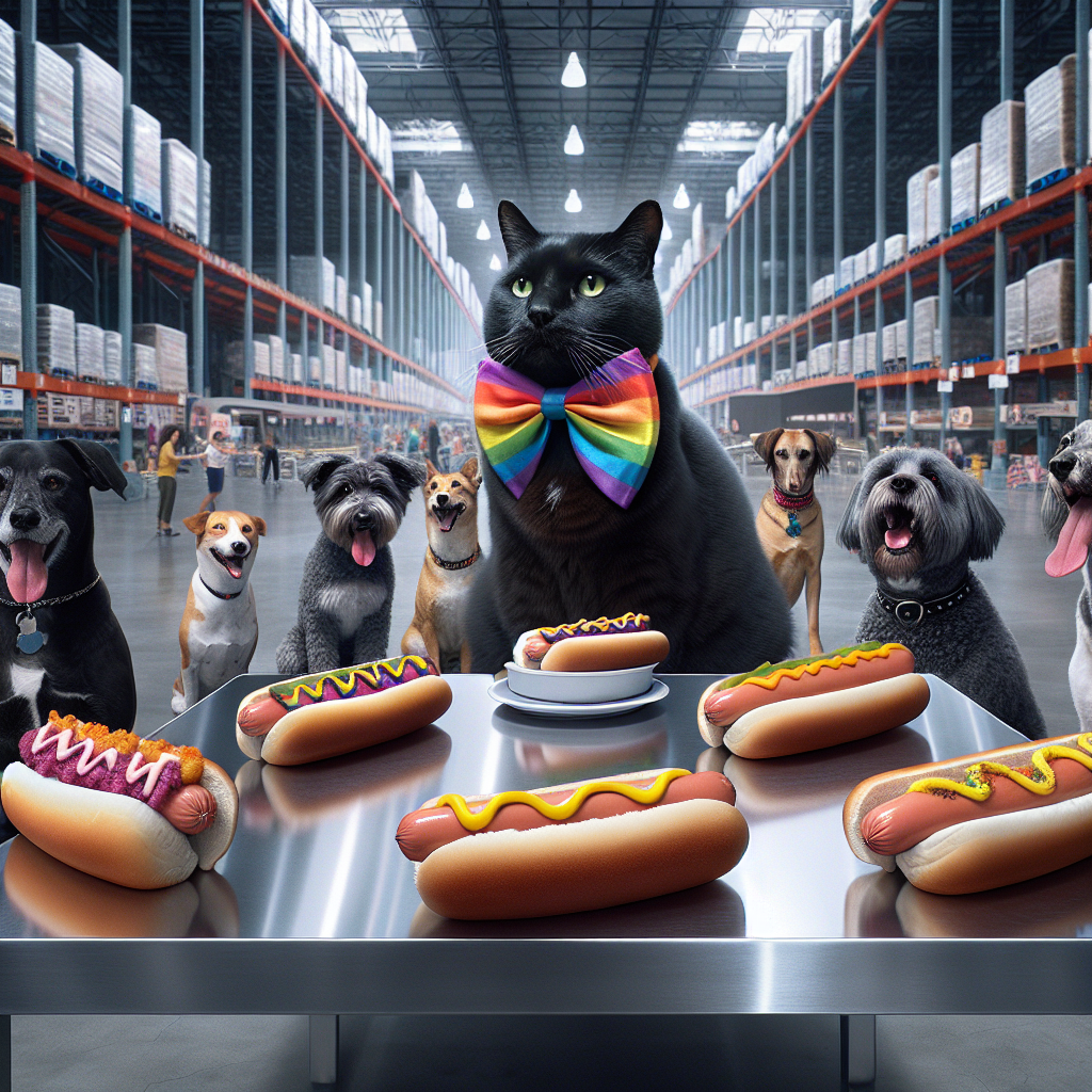 In a surreal yet realistic scene, a grandiose birthday celebration takes place in the spacious aisles of a large warehouse club. A large, majestic black cat, wearing a vibrant rainbow bow tie as a symbol of his gay identity, sits proudly on a shiny stainless steel table. He's surrounded by a varied mix of dogs, each unique in breed and personality. Together, they feast on delicious hotdogs, which are a popular food item from the warehouse club's renowned food court. Each of them savors the taste while celebrating the cat's special day, with the soft buzz of customers shopping in the background.
Generated with these themes: a big black gay cat in costco eating hotdogs with his dog friends on his birthday.
Made with ❤️ by AI.