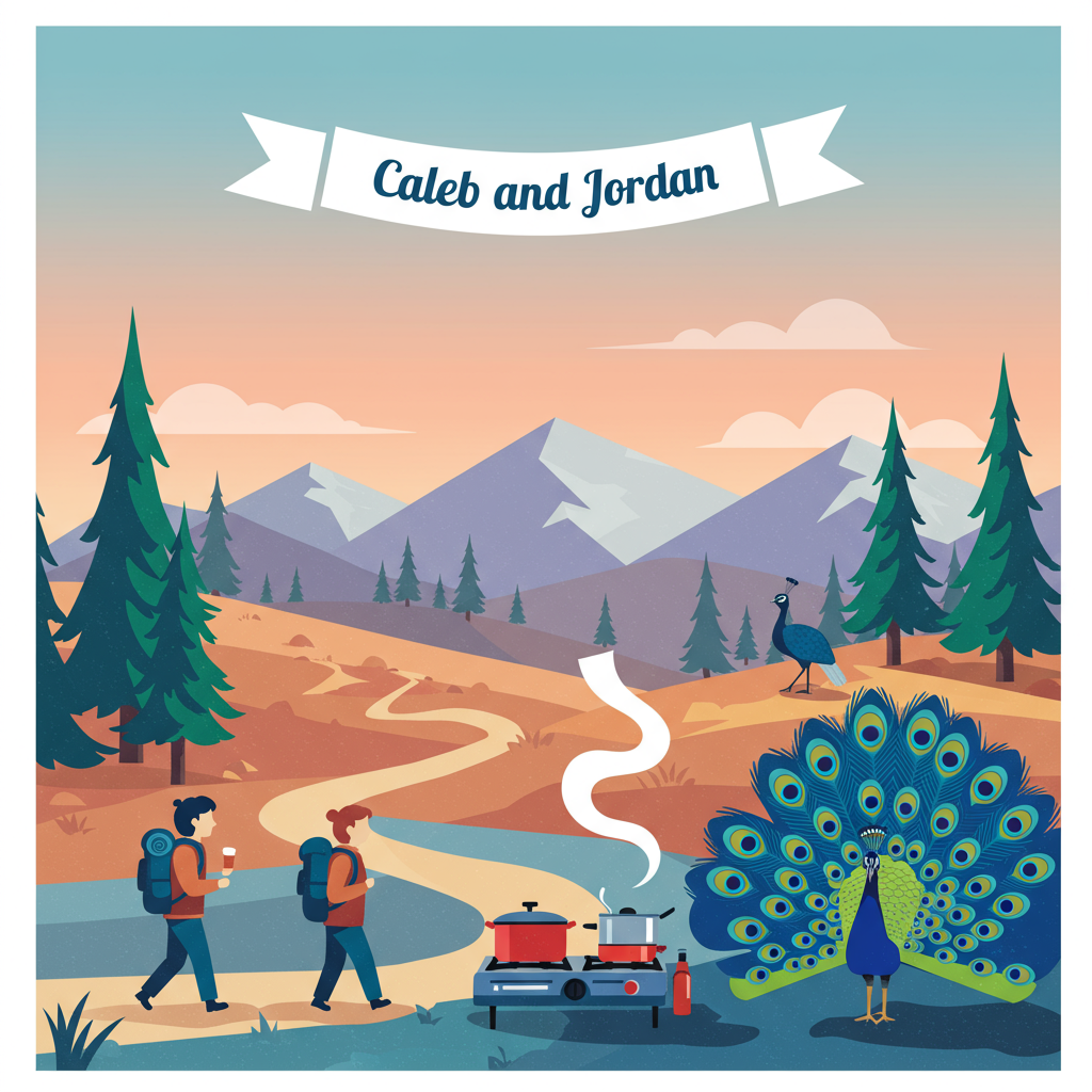 **Front Cover Design for Caleb and Jordan's Anniversary Card**

**Background:**  
The background showcases a stylized, vector depiction of a Colorado hiking trail. Rolling, flat mountains in muted shades of lavender and slate blue rise up against a clear, crisp sky in a gradient of soft cerulean to warm peach. Sparse, abstracted pine trees with emerald green triangles as foliage are scattered across the scene.

**Foreground Elements:**

1. **Hiking Theme:**
   - Two flat, silhouette figures representing Lucy and Ethel are illustrated in mid-step on a winding trail. They are shown in sleek, simple shapes with a combination of teal and burnt orange hiking gear, highlighting the classic duo's bond. The trail is a meandering light tan path cutting through the colorful landscape.

2. **Peacocks:**
   - In the lower right corner, a pair of peacocks with exaggerated, stylized feathers in royal blue and lime green stand elegantly. Their feathers, adorned with vivid eye spots in shades of cyan and gold, fan out majestically, incorporating abstract geometric patterns.

3. **Cooking Together:**
   - Centered in the foreground, a small portable cooking station features minimalist pots and pans in glossy red and stainless steel on a flat white stove. A stylized plume of steam, composed of layered, translucent waves of white and silver, rises above them.

**Text Element:**
- At the top of the scene, a sleek, white banner flutters subtly across the sky. In the center of the banner, the names "Caleb and Jordan" are scripted in a clean, modern sans-serif font in deep navy, providing a crisp contrast to the sky behind.

The overall composition seamlessly weaves together these elements in a structured, yet artistic manner, emphasizing each theme while maintaining a cohesive visual flow.
Generated with these themes: Hiking in Colorado , Lucy and Ethel, Peacocks, and Cooking together.
Made with ❤️ by AI.