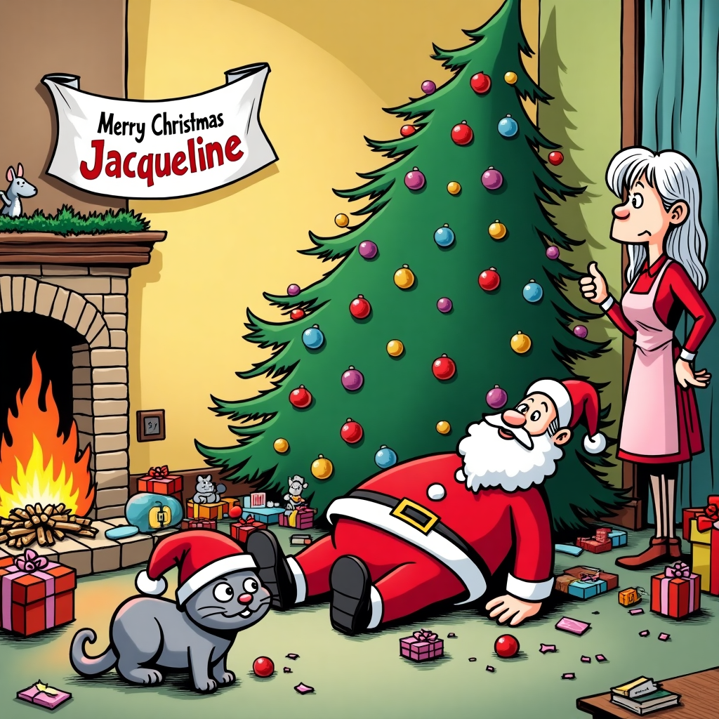 Annoyed woman with long salt and pepper hair in red apron Christmas Cards -  Silly Robot Cards, image size:1024x1024