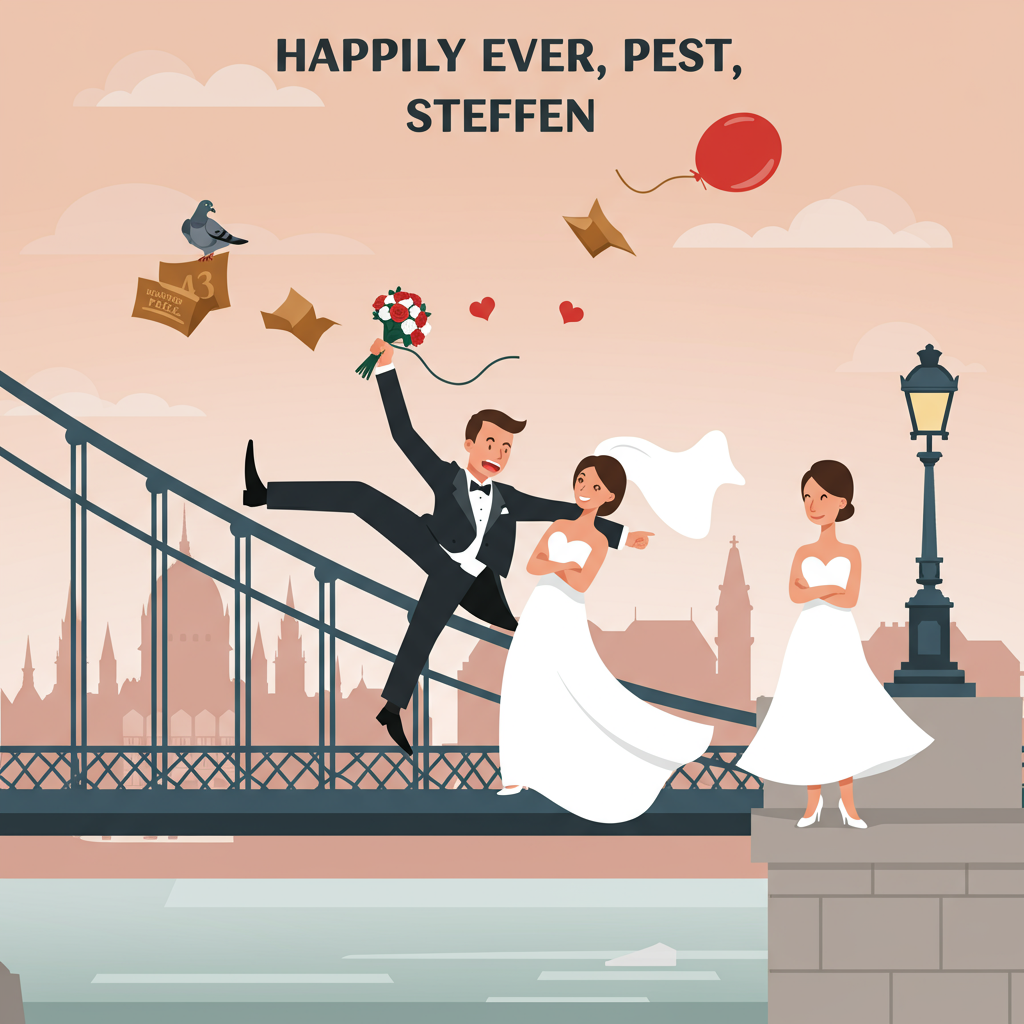At the top of the vector image: *Happily Ever Pest, Steffen!*

A minimalistic, vector-style image of a newlywed couple on top of the Széchenyi Chain Bridge in Budapest—except the groom’s tuxedo is flapping wildly as he's being carried off by a cheeky Danube River breeze, clutching a flying bouquet like a runaway balloon. The bride stands calm and composed, arms crossed, tapping her foot, while a sneaky pigeon in a tiny bowtie officiates from a ledge nearby. The background shows simplified Budapest skyline silhouettes (Parliament, Buda Castle) in soft pastel tones, keeping the color palette clean and modern.
Generated with these themes: wedding in budapest, minimalistic style, no text.
Made with ❤️ by AI.