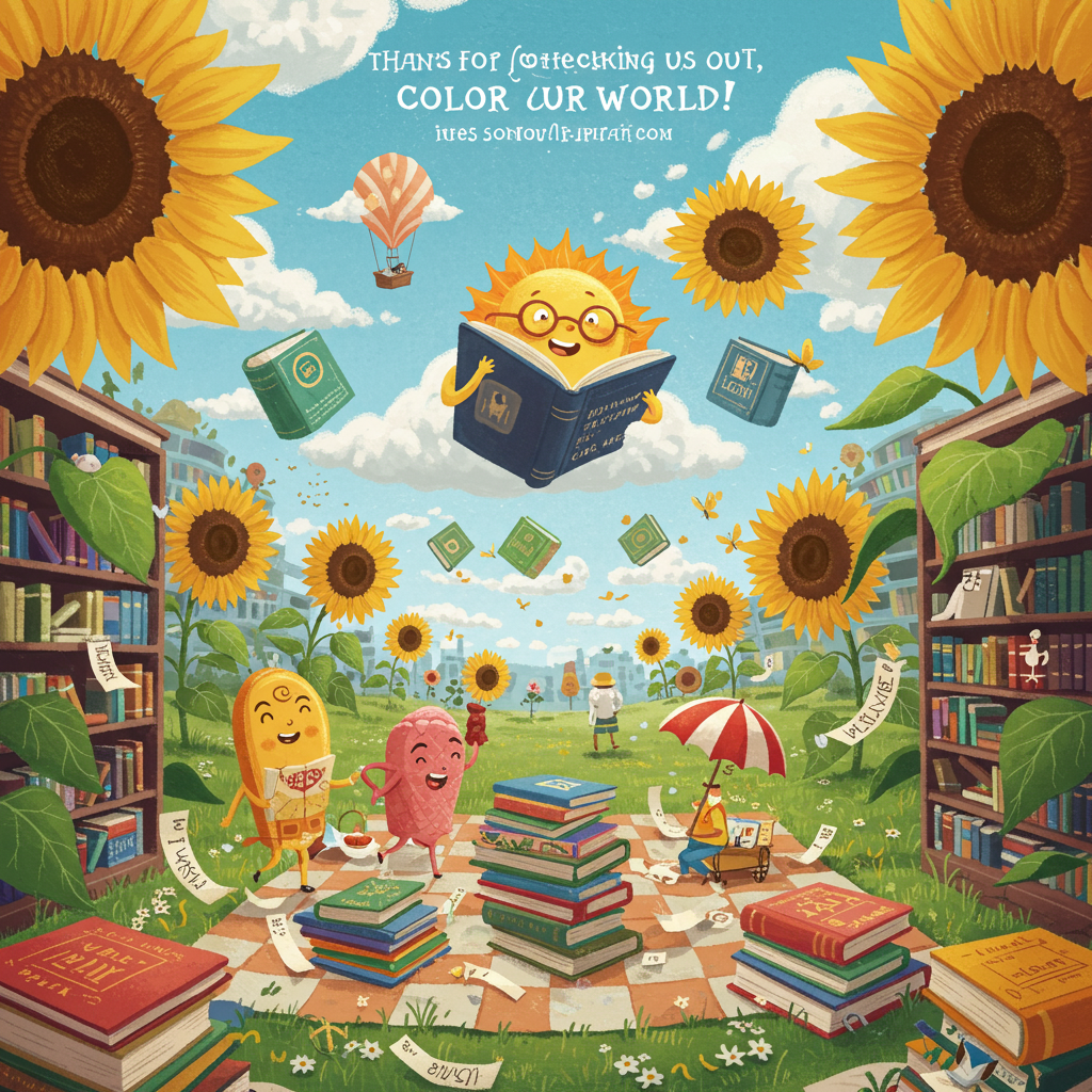 **Prompt:**

At the top of the illustration image:  
**"Thanks for checking us out, Color Our World!"**

**Surreal summertime library scene:**  
Imagine a dreamy outdoor library where giant sunflowers replace bookshelves, each petal unfurling open like pages of a novel. Oversized, whimsical books float gently through a bright cerulean sky, carried by lazy summer breezes like hot air balloons. A warm, golden sun wears round reading glasses and lounges atop a fluffy cloud, intently studying a gigantic library card. Instead of a ground, there's a shimmering patchwork quilt of picnic blankets covered with stacks of colorful storybooks. Characters from the books — like talking flamingos, tap-dancing ice cream cones, and umbrellas that rain confetti — stroll around laughing and mingling. Butterflies shaped like paper pages flutter in and out of the scene, carrying tiny thank-you notes. In the background, towering books with beach umbrellas for bookmarks curve upward like hills into the surreal horizon, radiating an endless, summery joy.  

**Mood:**  
Bright, whimsical, sun-drenched, slightly bizarre and humorously heartwarming.
Generated with these themes: surrealism summertime at the library.
Made with ❤️ by AI.