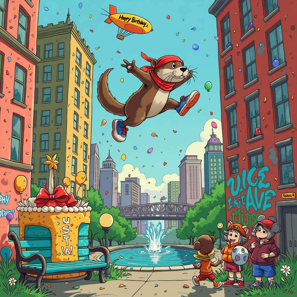 Imagine an urban playground where whimsy meets athleticism! Front and center, an energetic otter, donning a sleek, red bandana and tiny, athletic sneakers, is mid-air in a dramatic leap between two colorful skyscrapers. The buildings are adorned with graffiti that features birthday motifs—balloons, cakes, and "Happy Birthday!" scrawled in vibrant colors, reminiscent of R. Crumb's underground comix style but infused with a light-hearted Walt Disney flair.

Below, a crowd of anthropomorphic animals, including a beagle that pays homage to Charles Schulz's Snoopy, an animated mouse in shorts nodding to Walt Disney's Mickey, and a humanoid robot similar to Osamu Tezuka's Astro Boy, cheer on the otter. Their expressions are captured in a Gary Larson's Far Side-like exaggerated delight and surprise.

To the left, a colorful park bench, covered in wrapping paper with a gigantic bow on top, stands beneath a giant birthday cake-shaped fountain, inspired by Winsor McCay's whimsical dreamscapes. Water (or maybe it's frosting!) cascades down the layers, adding a playful touch. 

On the right, a mischievous Calvin-like child from Bill Watterson's world, peeks out from behind a lamp post decorated with birthday streamers, holding a slingshot aimed playfully at the sky. Above, balloons and confetti fill the air, as if Art Spiegelman himself orchestrated a dynamic, chaotic party scene.

In the background, the horizon reveals a bridge with a stylized "Tintin" blimp floating overhead, its banner reading "Happy Birthday, [Name]!" in bold, playful letters. This intricate detail brings in Hergé’s meticulous attention to background elements, ensuring no space goes to waste.

The entire scene is set in a vibrant, comic book style that incorporates bold outlines and dynamic poses, capturing the essence of Will Eisner’s graphic novels. The otter's fur is meticulously detailed, reflecting the underground comix texture R. Crumb would appreciate, while the otter’s expression carries the heartfelt charm of Schulz’s Peanuts.

This scene combines the thrill of parkour with the festive spirit of a birthday celebration, making it a one-of-a-kind greeting card cover that's sure to delight and amuse anyone who receives it.
Generated with these themes: An otter doing parkour.
Made with ❤️ by AI.