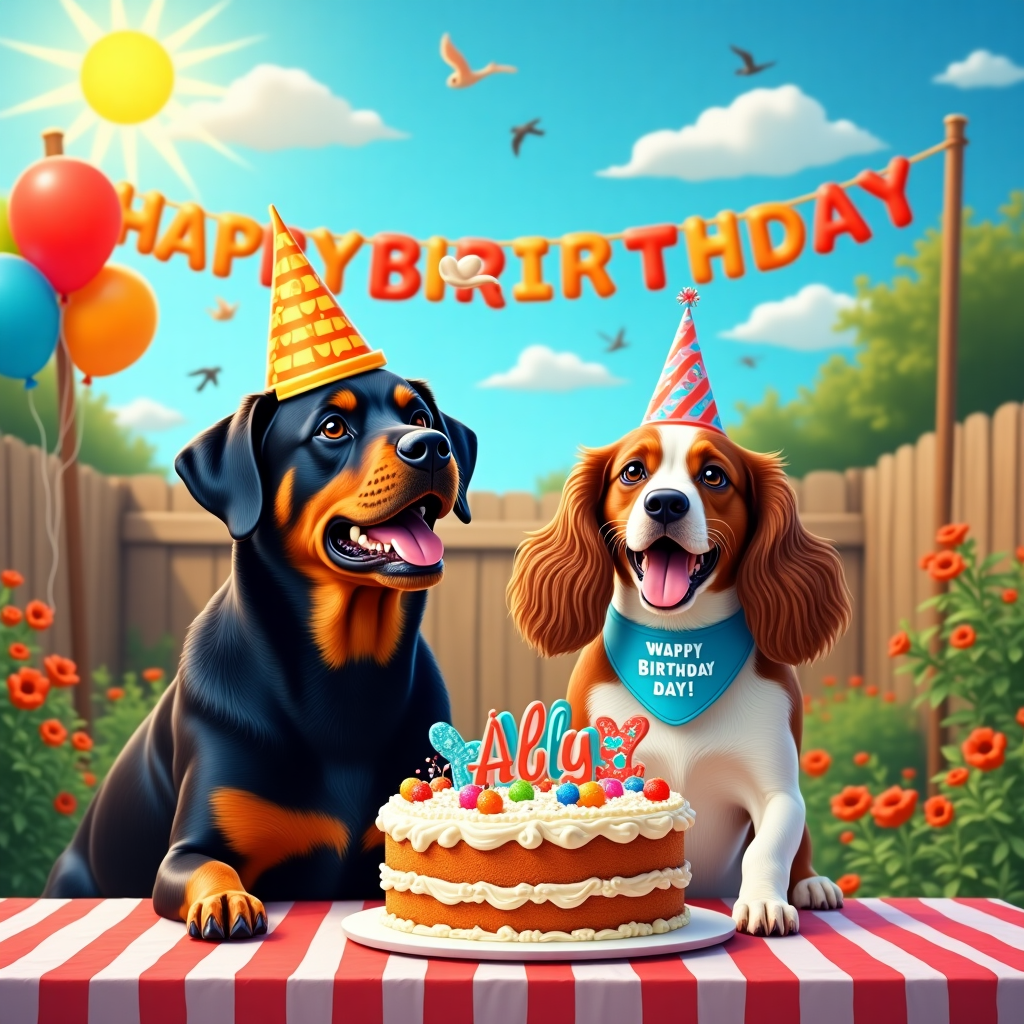 In the vibrant setting of a sunlit backyard garden, where nature is in full swing with blossoms in a riot of colors, two lively dogs, a Rottweiler and a Springer Spaniel with a distinctive brown face, take center stage in a whimsical birthday party scene. The Rottweiler, with its shiny black coat and caramel-brown markings, is wearing a comically oversized party hat perched jauntily on its head. Nearby, the Springer Spaniel, energetically bouncing around with its floppy ears flapping, sports a birthday bandana that reads "Woof-tastic Day!" in bright, playful letters.

In the background, a large, deliciously decorated birthday cake rests on a picnic table, with a prominent spot reserved for the name "Ally" written in swirling, frosted letters across the top tier, amid colorful sugar flowers and sprinkles. Above the cake, a vibrant, sky-blue banner flutters gently in the breeze, proudly spelling out "Happy Birthday, Ally!" in cheerful, multicolored lettering.

Overhead, fluffy white clouds drift lazily across a bright azure sky, and birds can be seen playfully darting through the air. In one corner of the scene, a bunch of helium balloons in hues of red, yellow, and blue are tethered to the garden fence, adding an extra splash of festivity. The sun, a glowing orb in the top corner, casts a warm, golden hue over the scene, making the dogs' fur shine and highlighting the merry chaos of the backyard birthday party for "Ally".
Generated with these themes: Rottweiler and springer spaniel with brown face.
Made with ❤️ by AI.