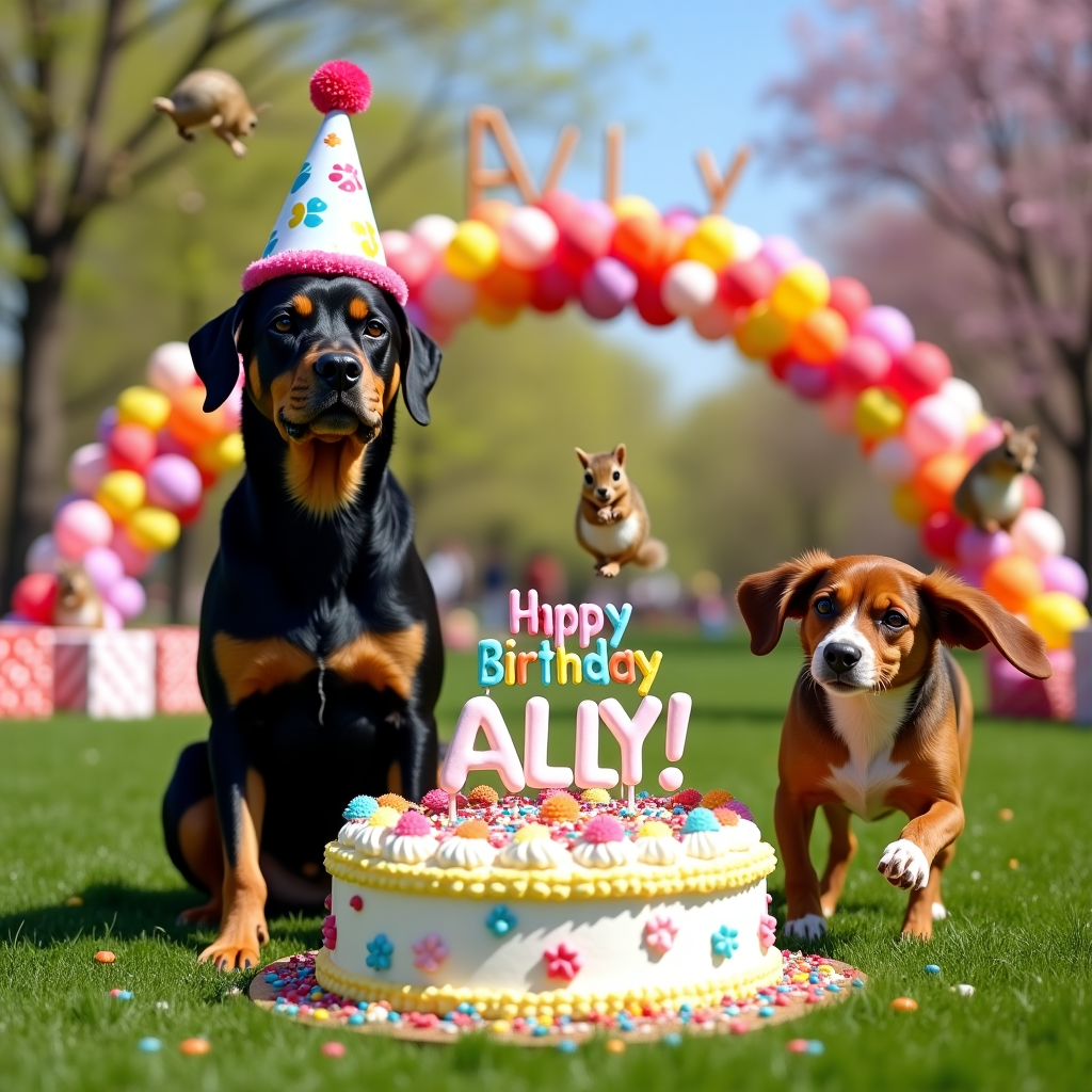 The scene unfolds in a vibrant park on a sunny afternoon, where a quirky birthday gathering is in full swing. At the forefront, a charming Rottweiler sits proudly, wearing a party hat that's slightly askew, adding to its mischievous charm. Its sleek black and tan coat glistens in the sunlight. Beside it, a springer spaniel with a warm, chocolate-brown face, dotted with playful white freckles, is playfully bouncing around, its floppy ears flapping as it leaps over a large birthday cake placed on the lush green grass. The cake is extravagantly decorated with a colorful, whipped frosting landscape featuring small edible flowers and paw prints leading up to the cake's crown. At the cake's apex, large, candy-coated letters spell out "Happy Birthday Ally!" in a jubilant, sugary display. The words stand tall amidst a sea of sprinkles and miniature fondant balloons. Behind this canine duo, a group of squirrels in the background can be seen mischievously untying the strings of a vibrant, helium-filled balloon archway, inadvertently spelling "Ally" in the clear blue sky above. The trees in the park are alive with spring blossoms, painting a tapestry of pastels behind the cheerful birthday gathering. The scene is peppered with colorful picnic blankets and gift boxes wrapped in quirky, dog-themed wrapping paper, setting the stage for a light-hearted celebration of both canine and human friendship.
Generated with these themes: Rottweiler and springer spaniel with brown face.
Made with ❤️ by AI.