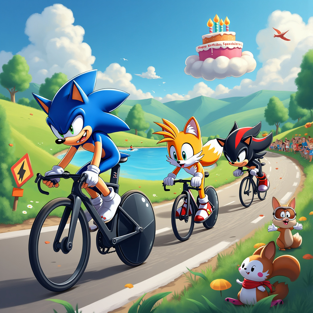 Imagine a bustling, playful scene set on a vibrant, sunny day with a backdrop of rolling green hills and a bright blue sky filled with fluffy white clouds. Sonic the Hedgehog, Tails the Fox, and Shadow the Hedgehog are all participating in an epic triathlon race, each donning sleek, aerodynamic cycling helmets that shimmer in the sunlight.

Sonic is leading the pack on a striking blue Cervelo TT bike, his legs a blur as they pedal at supersonic speed. The bike is equipped with shiny, futuristic aero bars, and his eyes are focused ahead, determined. His helmet is designed to look like his iconic quills, streamlined for maximum aerodynamics.

Next, we see Tails flying close to the ground, his twin tails spinning rapidly like helicopter blades to give him a boost. He's balancing expertly on a bright yellow Cervelo TT bike with smaller aero bars, which gives off a cheerful and quirky vibe. His helmet has aerodynamic fox ears, and his goggles are perched jauntily on his forehead.

Trailing behind but fiercely competitive, Shadow the Hedgehog is riding a sleek, black Cervelo TT bike, the design sharp and edgy, matching his intense persona. His helmet is a glossy black with red stripes that match his quills, making him look every bit the speed demon. He grips the aero bars tightly, his red eyes narrowed in concentration.

The road they are racing on is a dynamic, twisting path that loops and curves through the hills, dotted with whimsical road signs and vibrant flora. To the side, an enthusiastic crowd of various woodland creatures, inspired by the likes of Disney and Schulz, cheer them on. There are bunnies waving flags, birds chirping encouragement, and even a couple of squirrels holding up a handmade banner that reads "Happy Birthday, Speedster!"

In the background, a small lake glistens under the sun, with a lone swimmer—a cheeky nod to the swimming leg of the triathlon. A playful cloud in the shape of a birthday cake floats above, complete with candles that seem to be flickering in the gentle breeze.

The entire scene is buzzing with energy and excitement, capturing the essence of a thrilling birthday adventure with Sonic, Tails, and Shadow in the spotlight. The details of the bikes, helmets, and characters are carefully crafted to highlight their unique personalities while paying homage to the dynamic world of cycling and triathlons.
Generated with these themes: Sonic hedgehog, Tails fox, Shadow hedgehog, Cycling, Aerodynamic , Triathlon bike, Wearing helmet, Cervelo TT bike, and Aero bars on bike.
Made with ❤️ by AI.