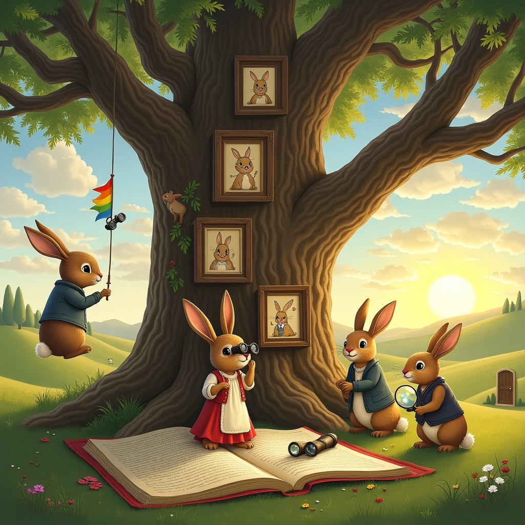 In the whimsical world of Burrowville, a charming rabbit family is gathered under the sprawling branches of their ancestral tree. This magnificent oak stands proud with its trunk covered in tiny, framed rabbit portraits that hint at generations of history. Each frame is intricately carved, reminiscent of Aubrey Beardsley's detailed work, featuring tiny bunnies dressed in period costumes. At the center of the gathering, a small rabbit named Fiona is perched on a picnic blanket, curiously peering through a pair of vintage binoculars, her ears perked with excitement.

Above the tree, fluffy clouds lazily drift by, and among them, one particularly fluffy cumulus carries a vibrant, rainbow-colored banner that reads, "Fiona, a relative got in touch re their g.g.g. grandfather!" in bold, Quentin Blake-inspired lettering. Beside Fiona, an open book with pages of family history lies scattered, with illustrations akin to Beatrix Potter’s charming style, depicting rabbits in quaint settings and hinting at tales of adventure.

To the left, a mischievous rabbit cousin hangs upside down from a low-hanging branch, holding a magnifying glass that catches the sunlight, creating a playful, kaleidoscope effect on the grass below. On the right, a younger bunny, wearing a dapper vest reminiscent of Norman Rockwell's attention to detail, excitedly points to a portrait of an elderly rabbit wearing a monocle, suggesting they've found a clue about the mysterious grandfather.

In the background, the sun sets behind rolling hills, casting a golden glow over the scene, capturing Maxfield Parrish’s vibrant use of color. A gentle breeze flutters through the leaves, revealing a hidden warren door with an antique doorknocker shaped like a rabbit’s paw, suggesting more secrets to uncover. This picturesque tableau, blending elements of fantasy and nostalgia, tells a whimsical story of family discovery.
Generated with these themes: Rabbit family tree, and Searching for grandfather.
Made with ❤️ by AI.