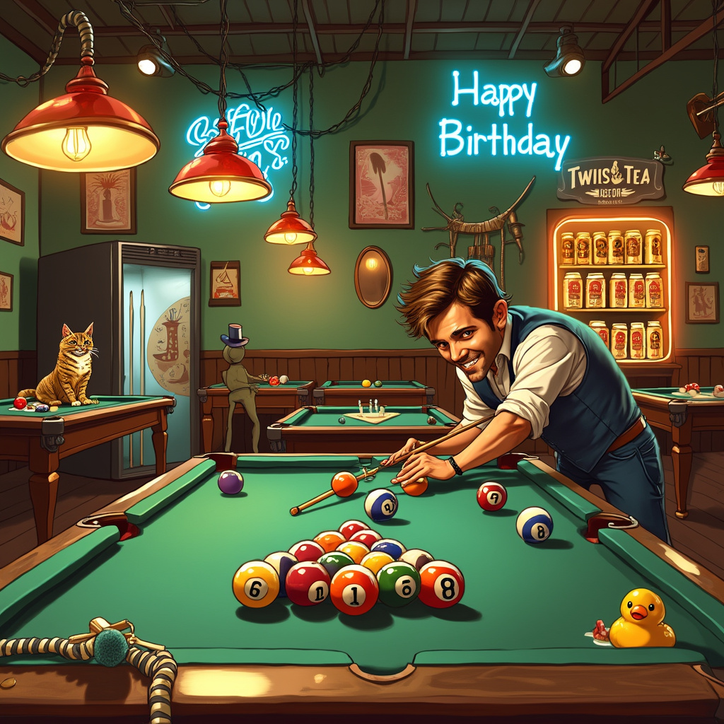 1) Birthday AI Generated Card - Billiards pool, and Twisted tea beer ...