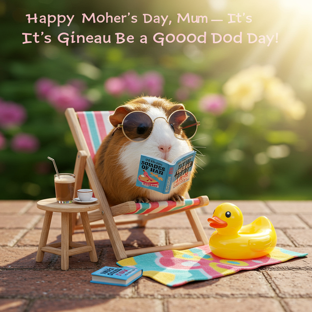 **Prompt for AI image generation (realistic photograph style):**

At the top of the realistic photograph image: *Happy Mother’s Day, Mum — It’s Gineau Be a Good Day!*

A realistic, well-lit outdoor photograph capturing a charming guinea pig wearing oversized retro sunglasses and lounging like royalty in a miniature deck chair. The guinea pig is perched beside a tiny table holding a comically small iced latte and a paperback novel titled "50 Shades of Hay." A brightly patterned beach towel is laid out next to it, with a rubber duck pool float (guinea pig-sized) resting nearby. The setting is a sunny garden patio with soft bokeh flowers in the background and rays of morning sunshine peeking through. The mood is delightfully smug, suggesting this little guinea pig has fully claimed Mother’s Day relaxation on behalf of Mum — without her even being in the scene.
Generated with these themes: Gineau pig the phrase its gineau be a good day, and Not to AI.
Made with ❤️ by AI.
