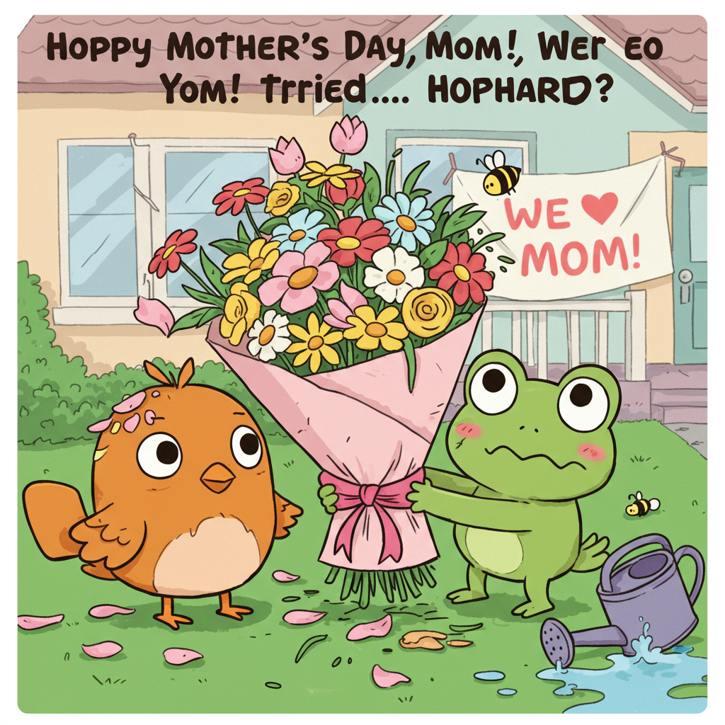 **Prompt:**  
At the top of the cartoon image, write: "Hoppy Mother's Day, Mom! We tried... hophard!"  

Create a funny cartoon-style scene featuring Pichaco (a small, round bird with tiny wings and big curious eyes) and Keroppi (the cheerful green frog from Sanrio) standing awkwardly in front of a suburban-style house. They're holding a massive bouquet of hilariously oversized flowers that's clearly way too big for them – it’s toppling over, petals flying, one flower is upside down, and a bee looks concerned. The house behind them has a crooked “We ♥ Mom” banner dangling over the porch. Pichaco has flower petals stuck to his feathers and a “mission accomplished?” expression. Keroppi looks exhausted, gripping the bouquet with both hands while trying not to drop it. A knocked-over watering can spills in the corner. Include lots of bright, cheerful colors and expressive cartoon chaos for a playful, mischievous tone.
Generated with these themes: pichaco and kiropi Infront of home.
Made with ❤️ by AI.