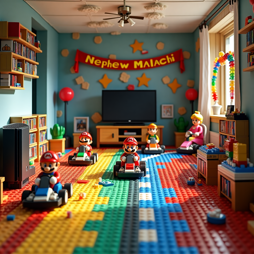 In this vibrant and whimsical birthday scene, a bustling Mario Kart race is taking place across a vividly colorful living room floor constructed entirely out of LEGO bricks. The walls are lined with shelves displaying an impressive array of PlayStation games, each case meticulously designed with tiny LEGO details. The kart racers—famous characters like Mario, Luigi, and Princess Peach—are crafted from LEGO bricks, each kart zooming along the track made of interlocking LEGO pieces that wind around the room. Meanwhile, a PlayStation console, also made of LEGO, sits on an elaborate LEGO entertainment stand, casting a playful shadow on the wall. Above this thrilling LEGO racetrack, the name "Nephew Malachi" is proudly displayed in a playful arrangement of colorful balloons that float just beneath a ceiling dotted with fluffy LEGO clouds. A LEGO birthday cake sits off to the side, its top tier adorned with candles spelling out "Happy Birthday" in playful, rainbow LEGO bricks. A banner strung across the room, made from a series of LEGO tiles, repeats "Nephew Malachi" in a font that mimics classic video game lettering. The scene captures the joyful chaos of a birthday celebration where these iconic worlds collide, and "Nephew Malachi" is at the center of this exciting LEGO Mario Kart birthday adventure.
Generated with these themes: Mario cart playstation, and Lego.
Made with ❤️ by AI.