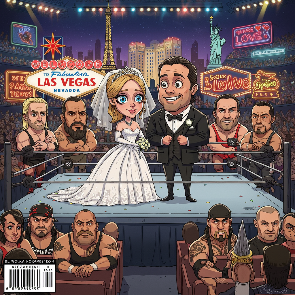 **Front Cover Illustration Description:**

**Scene Setup:**
The cover features an exaggerated and whimsical Las Vegas wedding scene set inside a wrestling ring. The setting is a vibrant, exaggerated Las Vegas arena filled with flashing neon lights and iconic landmarks peeking through in the background, such as a stylized Eiffel Tower and a miniaturized Statue of Liberty.

**Wrestling Ring:**
At the center is a classic wrestling ring with exaggerated ropes that almost seem bouncy and oversized turnbuckles. The mat is decorated with playful confetti designs and small white flowers, implying a festive wedding spirit.

**Characters:**
1. **Bride and Groom:**
   - **Bride:** Wearing an extravagant, cartoonishly frilly white gown with a dramatically long veil trailing off the ring. Her features are exaggerated with bright blue eyes, rosy cheeks, and a quirky smile.
   - **Groom:** Dressed in a classic tuxedo but with oversized, shiny black wrestling boots. His hair is cartoonishly slicked back, with a cheeky grin and large, wide-open eyes.

2. **WWE Stars as Guests:**
   - A row of cartoon WWE stars sitting ringside, drawn with exaggerated muscles and distinct, recognizable features, watching the ceremony with comically amazed expressions.
   - Include a few stars like a bulked-up Hulk Hogan-like character with a blonde handlebar mustache and a bandana, and a character resembling The Rock with an arched eyebrow, a smirk, and a signature black turtleneck.

**Background and Additional Elements:**
- **Neon Las Vegas Signs:** The background is adorned with exaggerated, colorful Las Vegas neon signs such as "Welcome to Fabulous Las Vegas" and "Chapel of Love," adding a playful touch.
- **Audience:** A lively crowd of exaggerated cartoon characters with big heads and expressive eyes, some holding popcorn and drinks, looking on with exaggerated anticipation.
- **Sky:** The sky is a bold, vibrant blue with small, puffy white clouds floating above the scene.

**Text Element:**
- **Banner:** A large, colorful banner stretches across the top of the wrestling ring, with the text "Danny & Bobbie" in playful, bold, cartoonish letters. The banner is adorned with hearts and small stars, adding a touch of celebration.

This fun and colorful illustration captures the energy and whimsy of a unique wedding in a WWE wrestling ring, inspired by the styles of classic cartoon and comic artists, with exaggerated features and a vibrant palette.
Generated with these themes: Getting married in a wwe wrestling ring in las vegas with wwe stars watching.
Made with ❤️ by AI.