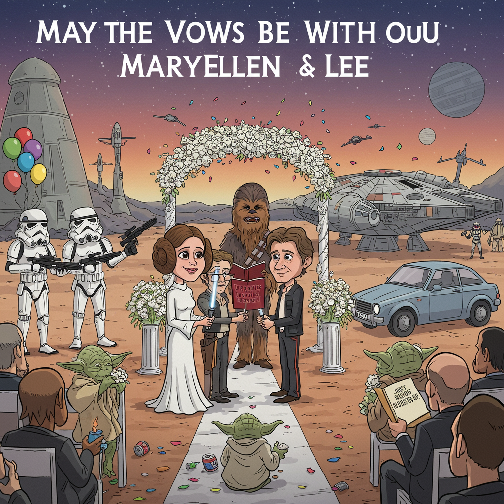 At the top of the cartoon image, “May the Vows Be With You, MaryEllen & Lee!”

Image prompt:  
A cartoon-style wedding scene on a distant planet with two characters resembling Princess Leia and Han Solo (with comical exaggerated features) standing at the altar, holding lightsabers instead of rings. Chewbacca officiates the ceremony wearing a tuxedo and thick glasses, holding a "Wookiee Wedding Manual." Behind them, Stormtroopers toss confetti and R2-D2 rolls by trailing cans like a "Just Married" car. Yoda sits in the front row, teary-eyed, holding a tiny tissue. The Millennium Falcon is parked in the background, decorated with balloons and a “Honeymoon We Must Go” banner. Bright colors, fun energy, and loads of Star Wars references peppered throughout.
Generated with these themes: Star Wars.
Made with ❤️ by AI.
