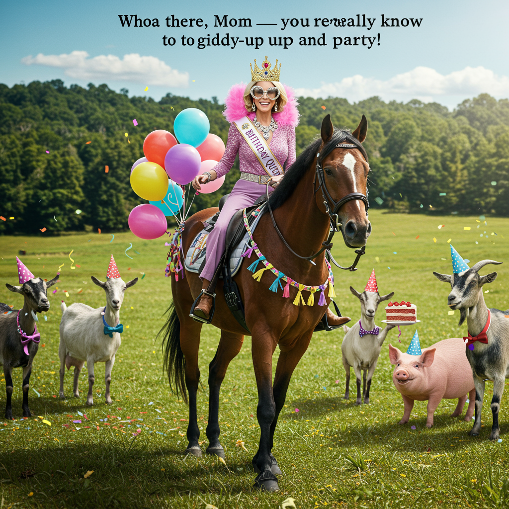 **Image Prompt:**  

A realistic, high-resolution photograph of a glamorous middle-aged woman (Mom) riding a majestic horse through a sunny field. She’s wearing a fabulous, sparkly birthday crown, oversized sunglasses, and a sash that says “Birthday Queen.” The horse is decorated with colorful party streamers, balloons tied to its saddle, and a “Happy Birthday” banner draped across its side. In the background, a small herd of other party-guest animals (goats in party hats, a pig with confetti) cheer her on like it’s a parade. One of the goats is holding a slice of cake in its mouth.

**At the top of the realistic photograph image:**  
**“Whoa there, Mom — you really know how to giddy-up and party!”**
Generated with these themes: Riding a horse.
Made with ❤️ by AI.