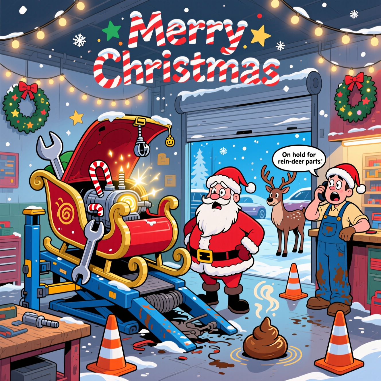 Santa's sleigh on a mechanic's ramp Christmas Cards - Silly Robot Cards