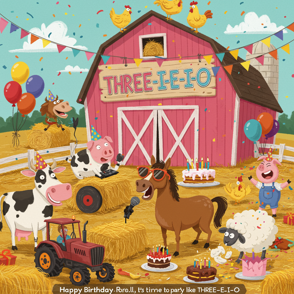 **At the top of the cartoon image:** “Happy Birthday Royella, it’s time to party like THREE-E-I-E-I-O!”

**Image Prompt:**  
A funny cartoon farmyard birthday scene with a big bright pink barn in the background. Perched on top of the barn is a goofy hand-painted sign that reads "THREE-E-I-E-I-O" in oversized, wonky letters. Around the barnyard, a group of farm animals are celebrating wildly—cows in party hats mooing into microphones, a pig DJ spinning hay bale records, chickens tossing confetti from a tractor, and a sheep popping out of a birthday cake mid-bleat. A horse wears oversized sunglasses and balances a birthday cake on its head, looking slightly confused but enthusiastic. Balloons float around the scene, and the ground is littered with straw and glitter. The whole vibe is festive chaos, barnyard-style!
Generated with these themes: Pink barn in background, farm animals on it, THREE-E-I-E-I-O on top  , and .
Made with ❤️ by AI.