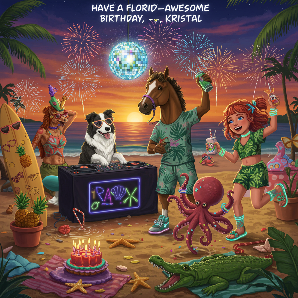 **Image Prompt:**  

At the top of the illustration image, "Have a FLORID-AWESOME Birthday, Kristal!"

A lively, vibrant rave scene unfolds on a sandy Florida beach at sunset. A Border Collie wearing glowstick sunglasses DJ’s at a neon-lit turntable made from a surfboard, spinning beats under a disco ball made of seashells. Next to the dog, a stylish Chestnut Horse sports a bucket hat and glow-in-the-dark sneakers, dancing like no one’s watching. An exuberant red-haired girl in rave gear (with tropical leaf prints) twirls nearby holding a juice box in one hand and a baby octopus in the other — the octopus wears rave bracelets on every tentacle and is throwing confetti made of tiny palm fronds. All around, oversized houseplants in pots shaped like flamingos and alligators bounce in time with the music. Background details include beach towels patterned with sunglasses, and fireworks in the sky that explode into the shapes of pineapples and cacti.

The mood is festive, slightly chaotic, and absurdly cheerful — perfect for a laugh-out-loud birthday celebration illustration.
Generated with these themes: Border collie, Chestnut horse, Florida, Octopus, Rave , Plants , Girl with red hair , and .
Made with ❤️ by AI.