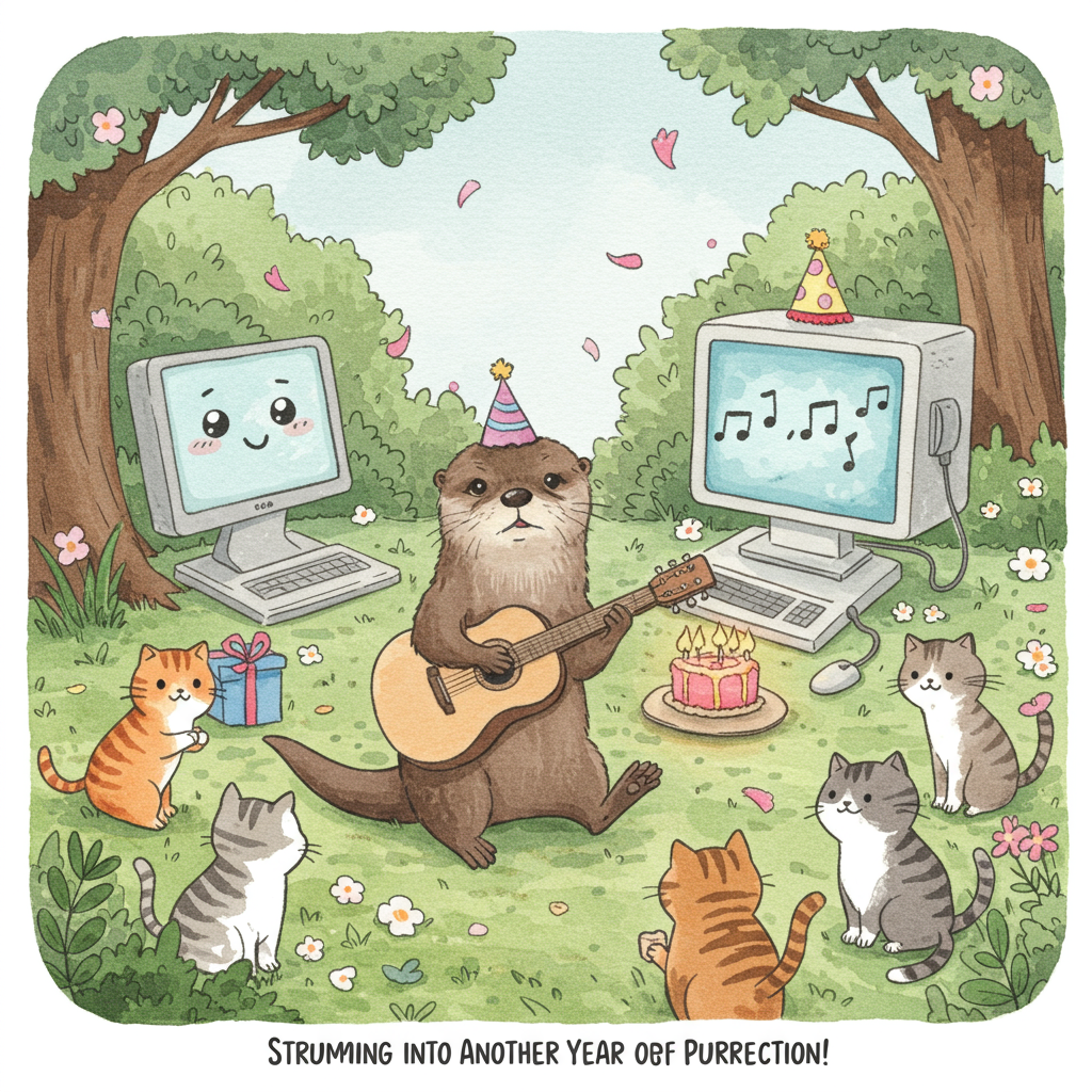 **Prompt for Image:**

Imagine a whimsical watercolor scene set in a cozy woodland clearing, where a lively birthday party unfolds. At the center, a charming otter strums a tiny guitar, its paws deftly plucking the strings with an adorable expression of concentration. Nearby, a group of curious cats gather, their tails playfully swaying to the rhythm of the music. A gentle breeze rustles through the scene, causing delicate blossoms to drift down like confetti.

In the background, a whimsical computer with a friendly face displays animated musical notes dancing across its screen, adding a touch of modernity to the charming tableau. The colors are soft and vibrant, with hues of blue, green, and gentle pinks blending harmoniously to create a joyful, lively atmosphere.

For a cheeky touch, add a small caption at the bottom: "Strumming into Another Year of Purrfection!"
Generated with these themes: Guitars, MUSIC, Computers, Otters, Cats, and .
Made with ❤️ by AI.