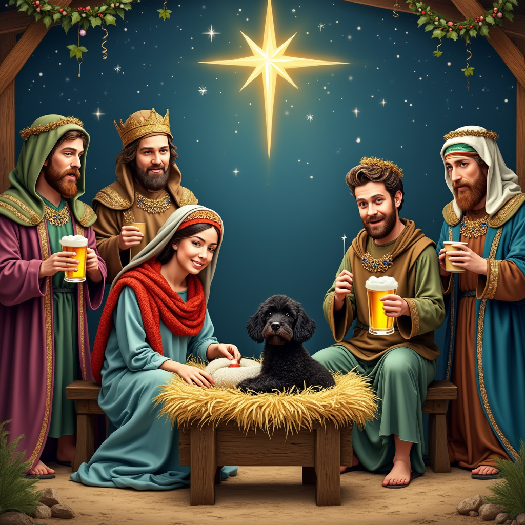 1) Christmas AI Generated Card - Nativity scene, Mary knitting, Black poodle in manger, Joseph wearing Hull City Tigersfootball shirt and holding a pint, 3 wise men , and 3 wise men singing from hymn sheets while Mary knits and Joseph holds pint wearing Hull City Tigersfootball football top and black poodle in the manger (2b110)