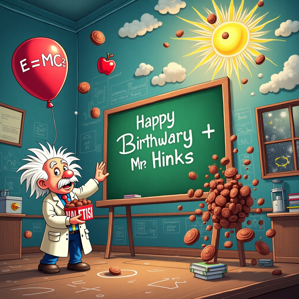 The scene unfolds in a whimsical, cartoonish physics laboratory, filled with vibrant, exaggerated elements that combine the magic of science with a sprinkle of confectionery humor. At the center of this colorful chaos is an oversized chalkboard, the heart of the lab, covered in playful physics equations, among which the equation "E=MC^2" is cleverly transformed into "E=MC^2 + Malteasers," written in white chalk. Floating above the board is a large helium balloon shaped like a Malteser, defying gravity, with a tiny Newtonian apple orbiting around it, nodding to the laws of motion.

To the left, a cartoonish character resembling Einstein, with wild, white hair and a lab coat, is juggling a box of Maltesers with an expression of comic bewilderment. Maltesers are whimsically popping out, suspended mid-air, each with a tiny "gravity-defying" swish behind it. On the right, a Rube Goldberg-like contraption crafted from lab equipment is creatively dispensing Maltesers into a playful physics puzzle, demonstrating concepts like leverage and momentum with each delightful treat that rolls through the setup.

In the sky above the scene, fluffy white clouds spell out "Happy Birthday Mr Hinks" in bold, fun typography, with each letter made to look like they are made of chocolate and malt. The sun peeks from behind, its rays humorously depicted as beams of scientific vectors and sine waves, adding to the quirky educational theme.

In the background, the walls of the lab are lined with quirky posters of famous physicists enjoying Maltesers, and a window reveals an endless universe filled with starry constellations shaped like Maltesers, emphasizing the boundless joy and the celebration of Mr. Hinks's special day. This vivid, comedic blend of physics and chocolate is sure to bring a smile to the birthday card recipient!
Generated with these themes: Box of malteasers, and Physics.
Made with ❤️ by AI.
