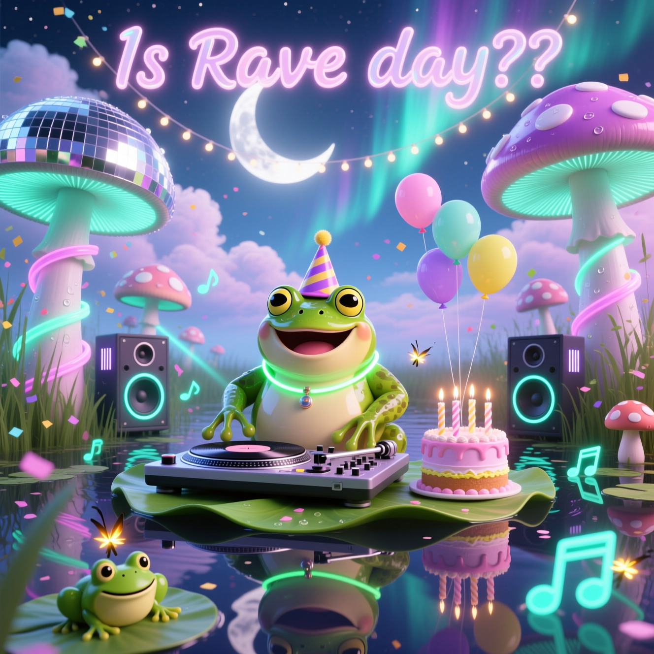 1) Birthday AI Generated Card - Frog , Mushroom , Rave, and (3a7d0)