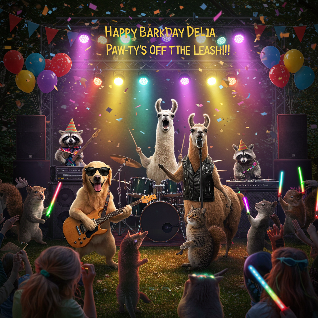 **Image Prompt:**  
A hyper-realistic photograph capturing a high-energy rock concert in a backyard. In the spotlight: a band of animals jamming out with full enthusiasm. A golden retriever wearing sunglasses shreds on an electric guitar with its paw mid-strum. A sassy tabby cat bangs the drums like a pro, its tiny drumsticks mid-air. A llama, standing upright in a leather vest, howls into a microphone, mid-guitar solo scream. A raccoon DJ works the turntables in the background with glowsticks on its tail. Multicolored stage lights beam across a crowd of dancing woodland critters (hedgehogs with lighters, squirrels crowd surfing). Party balloons shaped like music notes float overhead. Confetti flies through the air. The overall vibe is festive, absurd, and loud.

**At the top of the realistic photograph image:**  
🎸Happy Bark-day Delia, the Paw-ty’s Off the Leash!🎤
Generated with these themes: Animals playing rock instruments .
Made with ❤️ by AI.