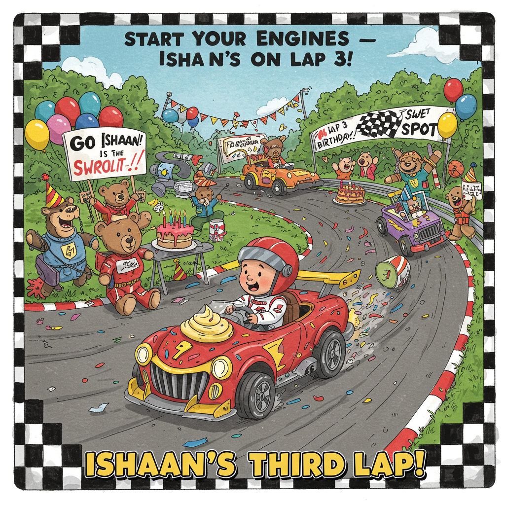 **Prompt:**

At the top of the illustration image, write:  
**"Start Your Engines — Ishaan's on Lap 3!"**

Create a hilarious illustration of a toddler racecar driver (Ishaan) zooming down a wacky racetrack in a souped-up, cartoon-style race car shaped like a giant cupcake with sprinkles flying off the back like confetti. The racetrack should twist through funny birthday chaos: flying balloons, runaway party hats, confused pit-stop crew made of teddy bears in racing uniforms, and a cake being refueled at a pit stop. Add cheering animal spectators holding signs like “Go Ishaan!” and “Lap 3 is the Sweet Spot!”  

The illustration should have a rectangular format with a checkered flag border around it (like a racing finish line). In big, bold, playful letters toward the bottom of the card, include the text:  
**"Ishaan’s Third Lap!"**  
Make the colors vibrant, with lots of reds, yellows, and celebratory sparkles to give it high-speed birthday energy and silly racing fun.
Generated with these themes: Its a birthday card to put on giveaways with race car theme and rectangle card with checks border, the card should read  "Ishaan's Third Lap".
Made with ❤️ by AI.