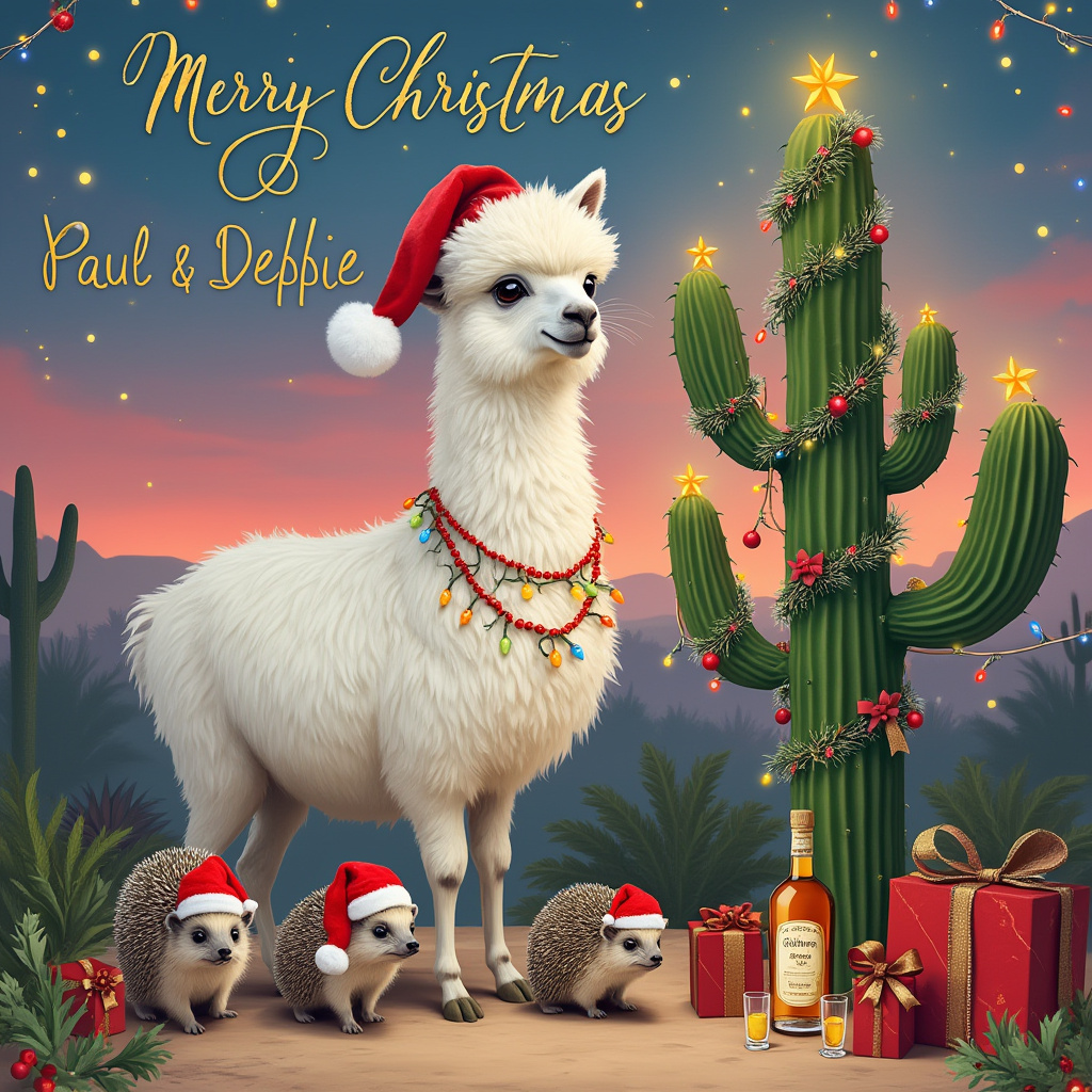 1) Christmas AI Generated Card - Llamas with Santa hats, lights, tinsel, Hedgehogs with Santa hats, Cactus decorated like Christmas tree, Presents , Tequilla, and Christmas scene with Merry Christmas Paul & Debbie  (f21b8)