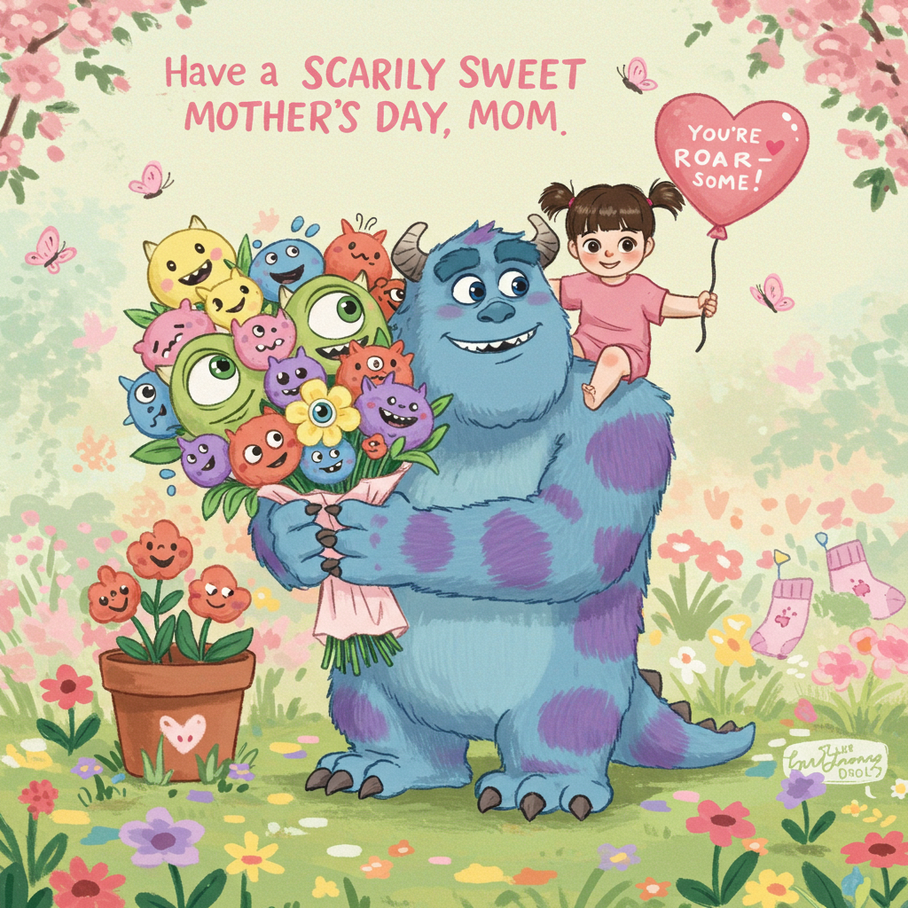 **Prompt:**

At the top of the illustration image, "Have a SCARILY Sweet Mother’s Day, Mom!"

A cute and colorful illustration featuring Sully and Boo from Monsters, Inc. in a playful spring setting. Sully is gently holding a giant bouquet of monster-shaped flowers, each with goofy grins and big eyes, while Boo is perched on his shoulder holding a heart-shaped balloon that reads "You’re ROAR-some!" The background is filled with soft pastel colors, fluttering butterflies, and hidden sock references (like a “2319” nod peeking from a flowerpot). The style is whimsical and storybook-like, with warm, fuzzy textures and plenty of charm, conveying love, laughter, and monstrous hugs—without a mother figure shown.
Generated with these themes: Sully from monsters inc, and Boo from monsters inc.
Made with ❤️ by AI.