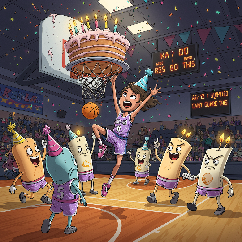 **Prompt:**  
At the top of the illustration image: *"Kayla, you're ballin' into another year!"*

Create a colorful and humorous cartoon-style illustration showing a birthday basketball game in full swing. In the center of the court, Kayla—decked out in a flashy, glittery basketball uniform and party hat—is mid-air slam dunking a giant, frosted birthday cake into a basketball hoop, splattering frosting everywhere. Her teammates are laughing party balloons wearing sweatbands, while the opponents—grumpy-looking candles with little arms and legs—try (and fail) to block the shot. Confetti rains from the ceiling, and a scoreboard reads “Kayla: Unlimited | Age: Can’t Guard This.” Keep the vibe energetic, silly, and playful with bright, bold colors.
Generated with these themes: Basketball.
Made with ❤️ by AI.