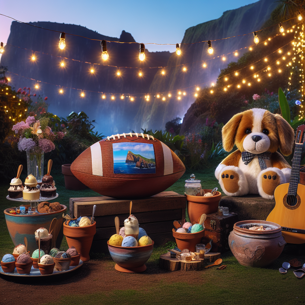 Imagine a quaint backyard adorned with twinkly fairy lights, creating the perfect atmosphere for a heartfelt birthday party. The main attraction is a lifelike plush toy of a dog with the kindest expression, cozied up next to a finely crafted football that features the majestic cliffs of Madeira. In the vicinity, there's an arrangement of homemade ice cream in various unique flavors, each representing the birthday person's favorites, contained in handcrafted pots molded at a pottery wheel. A guitar stands at the ready near a small, makeshift stage, poised for a personal concert under a sky full of stars.
Generated with these themes: Dog, Football, Madeira, Icecream, Guitar, Pottery wheel, and Music gig.
Made with ❤️ by AI.