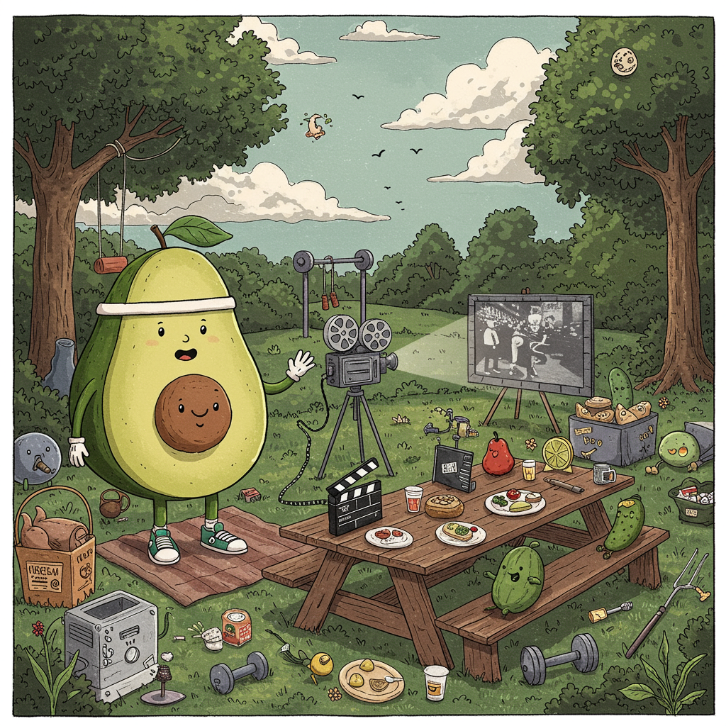 Imagine a bustling farewell party set within an intricate, hand-drawn illustration style that blends the whimsy of Quentin Blake with the detail of Norman Rockwell. The scene is set in a lively open-air park, reminiscent of Maurice Sendak's playful backdrops, filled with charming, animated elements.

Front and center, an anthropomorphic avocado, the main character, stands. This avocado is drawn with a meticulous eye for detail akin to Arthur Rackham's work. It's adorned with a sweatband and tiny sneakers, its pit representing an eye-popping movie reel. Its expression is wide-eyed with cinematic excitement, indicative of its movie maniac persona.

Nearby, a vintage film projector, crafted in an elaborate Beardsley-esque style, casts beams of light across a small makeshift screen. The screen, surrounded by an audience of other whimsical fruit and vegetable characters, showcases a black and white film scene, a nod to the golden era of cinema.

In the background, fitness equipment is scattered creatively: a set of hand-drawn free weights made from cucumbers, and a skipping rope strung between two trees. The trees are illustrated with a nod to Maxfield Parrish, their foliage painted in deep, rich greens with dapples of sunlight creating luminous highlights.

Above this lively scene, a sky reminiscent of Gustave Doré's ethereal works looms, populated by fluffy, expressive clouds. Amongst these clouds, a singular cloud stands out, shaped like the letter "G," subtly crafted to blend with the scene's detail yet remain discernible.

In the foreground, a long picnic table hosts an assortment of quirky, nutritious snacks, including avocado toast shaped like film clapperboards. The table is crowded with miniature sets from famous films crafted from vegetables, adding layers of humor and detail.

Finally, scattered around the scene are whimsical, Edward Gorey-inspired creatures—perhaps a few cats, dressed in period costumes, quietly observing the spectacle with an air of knowing sophistication.

This farewell card cover is a feast for the eyes, a playful yet detailed homage to an avocado's cinematic and fitness adventures, perfect for the creative soul it bids farewell to.
Generated with these themes: Avocado movie maniac fitness junky .
Made with ❤️ by AI.