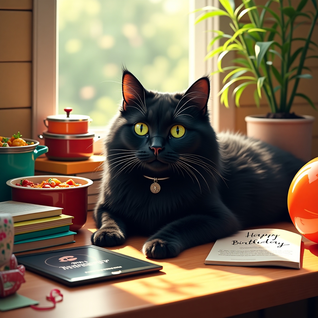 Front and center on the card, a black fluffy cat with striking green eyes lounges majestically. Its fur appears soft and voluminous, capturing the light to reveal subtle shades of charcoal and deep black. Around its neck, the cat wears a small silver collar with a tiny Pisces symbol charm dangling from it.

The background features a cozy kitchen scene bathed in warm, late afternoon sunlight streaming through a window. The light casts intricate patterns on the wooden floor and countertop, creating a comforting, inviting atmosphere.

On the countertop, various colorful containers and pots are arranged, hinting at a recent batch-cooking session. Each container is transparent, showcasing vibrant dishes inside – perhaps a bright orange curry, a deep red tomato sauce, and a green vegetable stew. A ladle rests in one of the pots, and a cookbook with a slightly worn cover sits open to a page detailing a hearty soup recipe.

Adjacent to this cooking scene, a sleek modern tablet sits propped up against a small stack of recipe books. The screen displays a paused true crime podcast, with the title in bold white letters against a dark, mysterious background, perhaps showing an abstract outline of a detective's silhouette or a classic crime scene tape motif.

Scattered on the table nearby are birthday elements: a half-unrolled spool of colorful birthday ribbon, a couple of vibrant balloons with shiny surfaces reflecting the room, and an open card with whimsical handwriting partially visible, just enough to catch the words "Happy Birthday."

The overall setting combines these elements harmoniously, creating a vibrant tableau full of lifelike detail, perfect for a birthday greeting card.
Generated with these themes: Black fluffy cat with green eyes, Pisces, True crime podcasts, and Batch-cooking.
Made with ❤️ by AI.