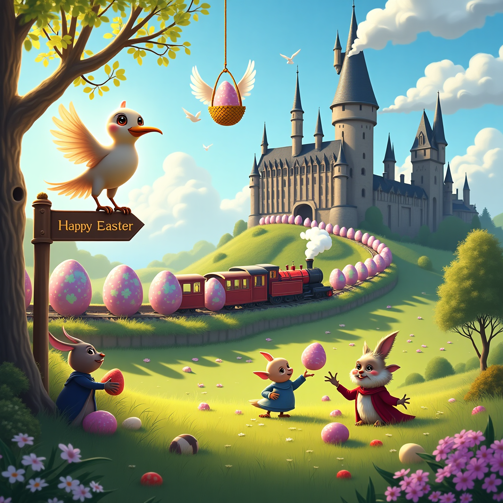 In the enchanting world where Easter and Hogwarts magic intertwine, a delightful scene unfolds, brimming with whimsy and charm. Nestled amidst a sunlit meadow lies the majestic silhouette of Hogwarts Castle, its towers and turrets adorned with pastel-hued Easter eggs that glisten like jewels against the backdrop of the vibrant spring sky. The Great Hall windows are speckled with delicate floral patterns, as if the castle itself is in festive celebration. 

To the side, the iconic Hogwarts Express rests on a track made entirely of oversized Easter egg shells, each one vividly painted in a kaleidoscope of colors. The train puffs out clouds of steam that, upon closer inspection, spell out "Happy Easter" in billowy, whimsical letters that stretch across the sky. 

Front and center, a cartoonish Hedwig flutters in mid-air, her wings holding a golden basket brimming with more magical Easter eggs, each one sporting tiny Hogwarts house crests and twinkling enchantments. She’s perched on a signpost pointing to “Hogsmeade” and “Easter Egg Hunt,” her wise eyes seeming to invite the viewer to join in the fun. 

Below her, the meadow is a bustling hive of activity. Mischievous, childlike versions of magical creatures from the Wizarding World engage in an Easter egg hunt. Dobby, with his oversized ears and earnest expression, clutches an egg almost as big as himself, while a bowtruckle peeks out from behind a tree, its twiggy fingers pointing to a hidden egg nestled in the grass. 

Completing the scene, floating in the sky, a banner made from magically interconnected golden snitches twirls elegantly, spelling out "Happy Easter" in glowing letters, making it a whimsical greeting for the recipient. This delightful fusion of Hogwarts magic and Easter joy invites the viewer to explore every charming detail and find their own piece of the adventure.
Generated with these themes: Hogwarts castle , Easter eggs , Hogwarts train, and Hedwig .
Made with ❤️ by AI.