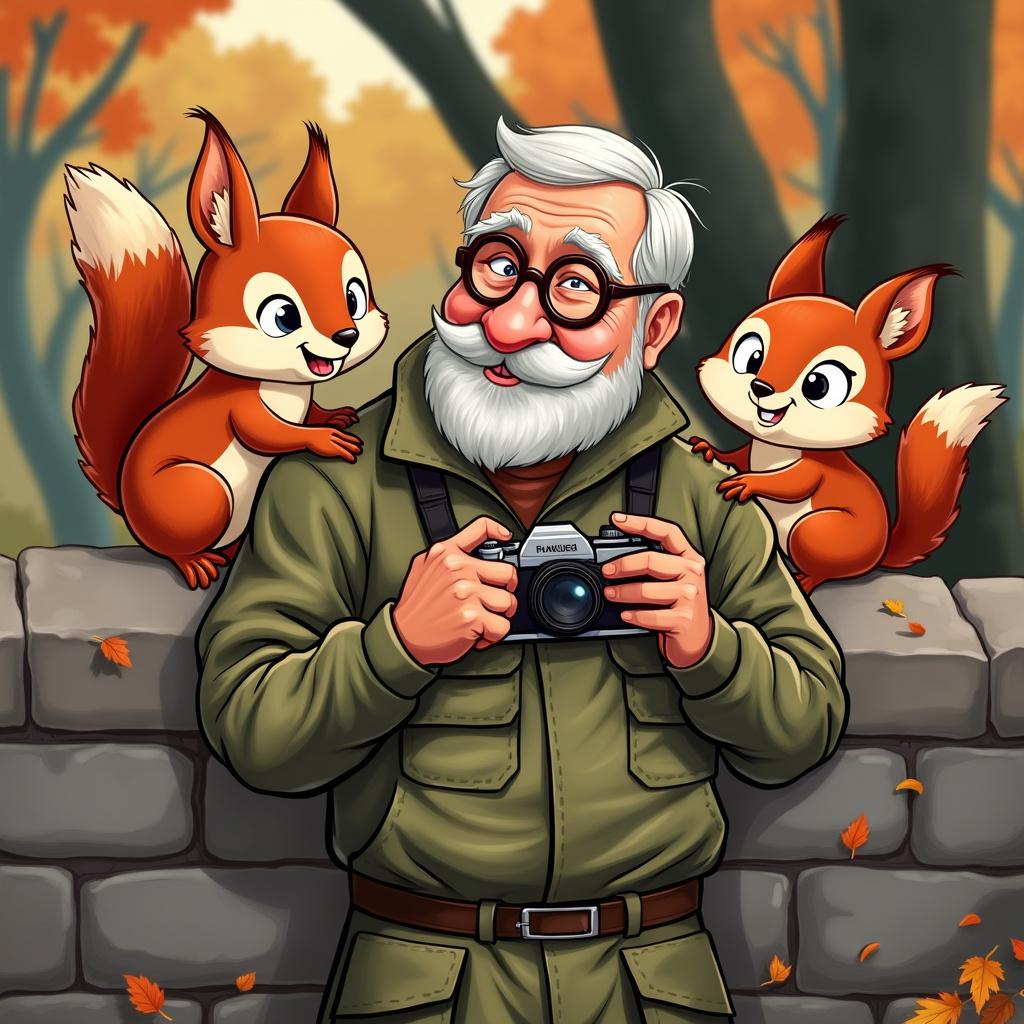 2) Thank-you AI Generated Card - Red squirrels on wall. Trees in background.elderly clean shaven photographer,round rimless glasses in camaflauge clothing (10d68)