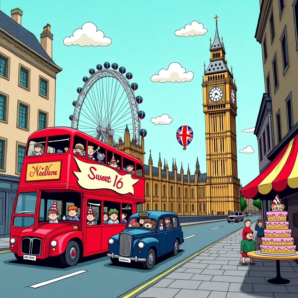 Imagine a bustling London street, brought to life in a vivid cartoon style that combines elements from various iconic comic artists. The background features a simplified version of Big Ben and the Tower Bridge, with exaggerated lines and bright, bold colors—perhaps the bridge is a playful shade of blue, and Big Ben stands tall in a rich golden hue.

In the foreground, a classic red double-decker bus is zooming across the scene, its windows filled with cheerful characters waving party hats and balloons. The bus is adorned with a large, flowing banner on its side that reads "Sweet 16 Chloe" in a lively, swirling font. Nearby, a charming black taxi with oversized wheels and a friendly grin gives the scene a touch of British charm.

A colorful street market is set up on the sidewalk, where cartoonish figures are browsing stands full of birthday goodies. One stand features a towering birthday cake with multicolored layers and exaggerated frosting swirls. On top of the cake, in vibrant icing, is the text "K&J" with tiny Union Jack flags as cake toppers.

In the sky above, fluffy white clouds take the form of playful animals, a nod to Schulz’s style, while a giant balloon in the shape of the iconic London Eye floats by, with each capsule exaggerated to look like little birthday party pods.

The street is lined with stylized buildings reminiscent of those found in Watterson's work, with crooked chimneys and whimsical rooflines. Pigeons with cartoonishly large eyes flutter around, wearing tiny crowns and bow ties, adding a whimsical touch inspired by Tezuka.

The colors are bold and vibrant—think primary reds, blues, and yellows with pastel accents—capturing the joyous celebration of Chloe’s Sweet 16 in a delightful, London-themed setting.
Generated with these themes: London theme.
Made with ❤️ by AI.