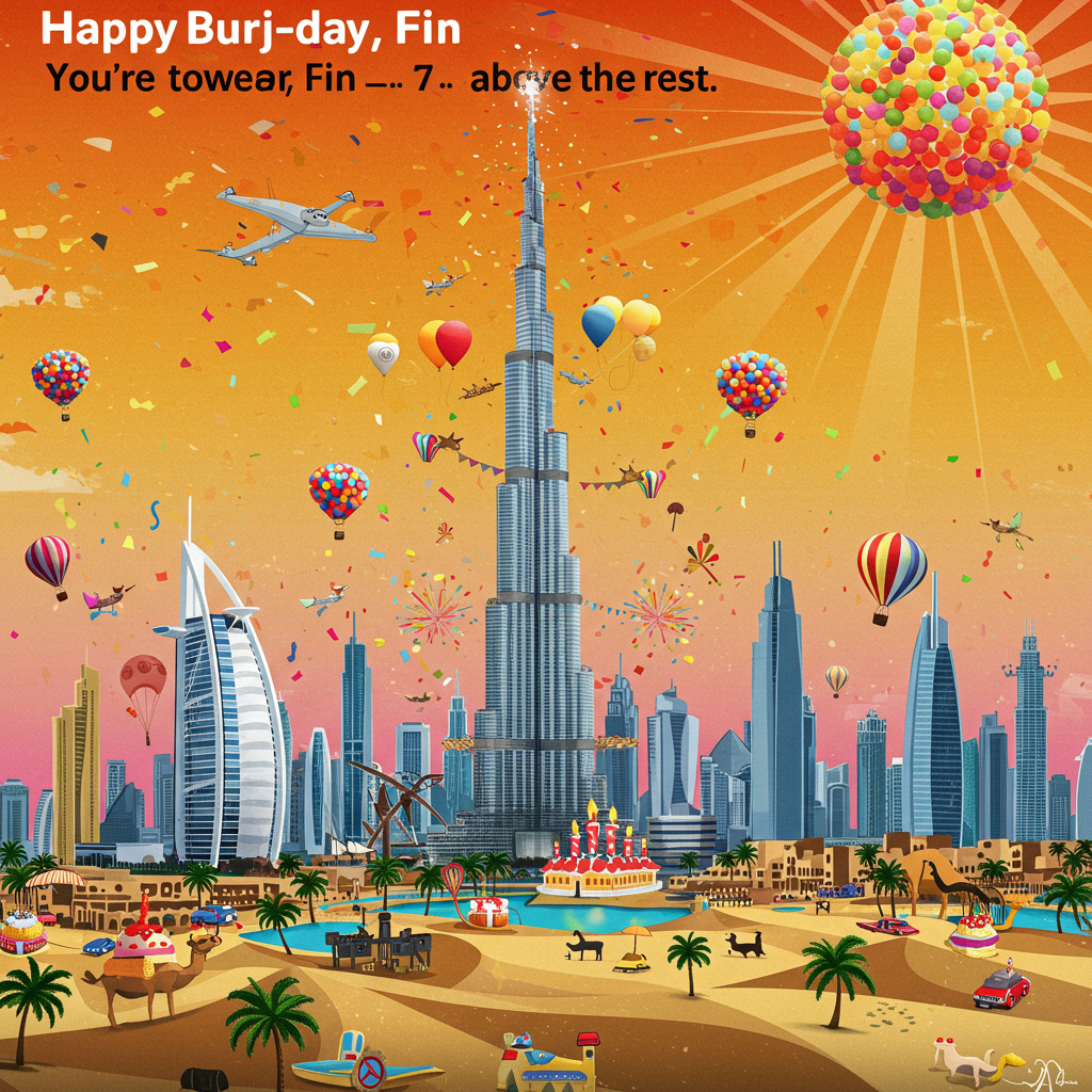 At the top of the abstract image, "Happy Burj-day, Fin — you're towering above the rest!"

**Prompt:**  
An abstract, surreal illustration of the Dubai skyline humorously transformed into a birthday celebration. The Burj Khalifa is whimsically reimagined as an enormous birthday candle, flickering at the top, with colorful icing dripping down its sleek sides. Skyscrapers like the Burj Al Arab and Marina Towers wear oversized party hats and sunglasses, while tiny abstract flying camels and hot air balloons shaped like cupcakes float around the buildings. Vibrant colors, confetti explosions, and geometric palm trees line a glittery desert below, all depicted in an abstract, painterly style that merges modern architectural lines with chaotic, playful birthday energy. A giant sun made of balloons rises behind the skyline.
Generated with these themes: Dubai skyline.
Made with ❤️ by AI.