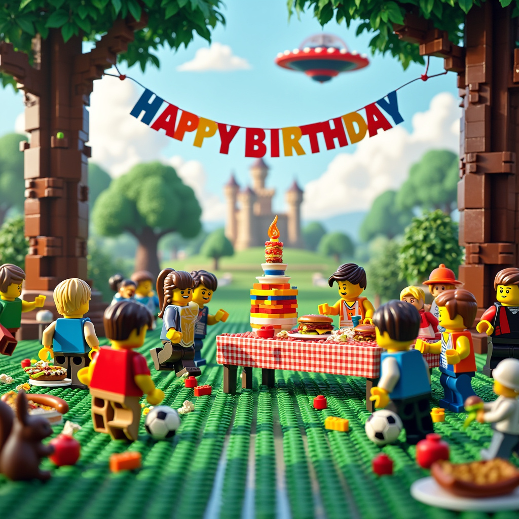 In this quirky and intricate illustration, imagine a vibrant outdoor birthday party set up in a lush, park-like setting. The central focus is a dynamic soccer match being played on a field made entirely of interlocking LEGO bricks. Each blade of grass is a tiny green LEGO piece, creating a fascinating, pixelated effect under the sun. On one side of the field, there’s a small group of LEGO minifigures dressed in colorful soccer uniforms, complete with helmets and shin guards, kicking around a LEGO soccer ball. Their expressions are delightfully exaggerated, reflecting the intensity and fun of the game.

To the right, a classic birthday picnic is underway. A long table constructed from giant LEGO bricks is laden with a whimsical array of foods: a towering LEGO birthday cake with brightly colored tiers and a LEGO flame atop each candle, LEGO burgers and hot dogs with exaggerated toppings, and even a LEGO fruit punch bowl complete with minifigures climbing up the sides to get a drink. Surrounding the table, children of various ages, some real and some LEGO minifigures, are cheering, laughing, and eating. 

In the background, a Norman Rockwell-inspired detailed landscape unfolds with trees that have LEGO leaf clusters, and a distant LEGO brick castle, adding a whimsical, medieval touch. Near the picnic, a LEGO minifigure resembling a referee, complete with a whistle and striped shirt, is enthusiastically blowing his whistle, perhaps signaling a goal.

A cleverly designed LEGO birthday banner, made up of colorful LEGO bricks spelling out "HAPPY BIRTHDAY" in a playful font, stretches between two large LEGO tree trunks. Below the banner, a mischievous LEGO minifigure dressed in an over-the-top, Beatrix Potter-inspired rabbit costume is trying to sneak a bite from the cake, adding a touch of playful anarchy to the scene.

The entire illustration is bustling with minute details and humorous Easter eggs, such as a LEGO squirrel attempting to steal a LEGO nut and a tiny LEGO UFO hovering above the scene, piloted by a LEGO alien minifigure waving at the partygoers. The style takes cues from the detailed, almost storybook-like illustrations of Maurice Sendak and the whimsical, finely detailed elements of Quentin Blake, creating a scene that's both nostalgically charming and hilariously imaginative.
Generated with these themes: Lego, and Soccer.
Made with ❤️ by AI.