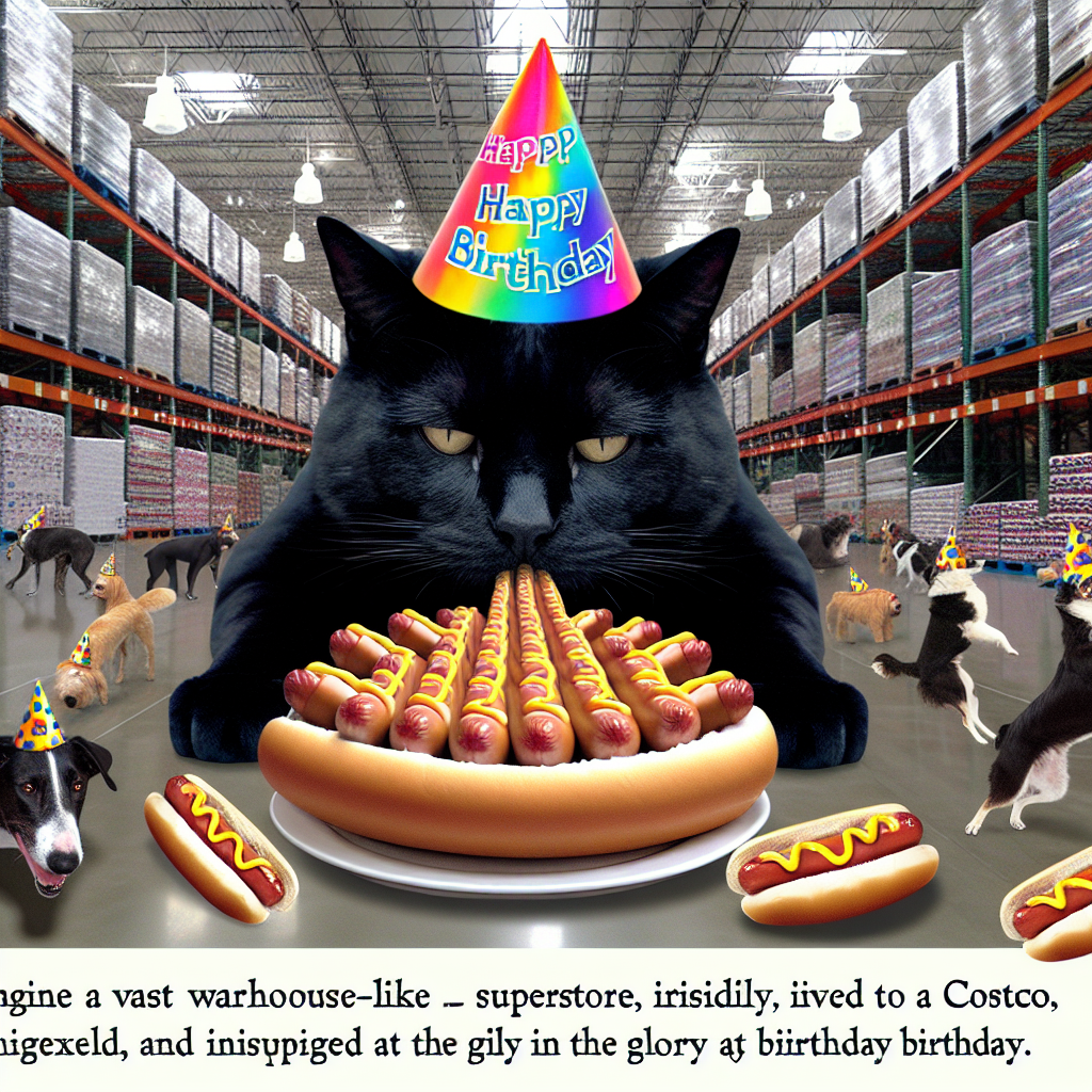 Imagine a vast warehouse-like superstore, identical to a Costco. Occupying center stage is an unusually large, black cat, exuding pride over his unique identity and reveling in the glory of his birthday. He's engrossed in savoring an enticing spread of hotdogs. Creating a merry ambiance around him, a variety of dog companions wear delightful, vivid birthday hats, contributing to the fairy-tale nature of the situation. Challenging the confines of a conventional warehouse shopping scene, a few agile dogs in the backdrop are executing awe-inspiring gymnastics—flipping and swirling, infusing an element of surrealism into the otherwise realistic birthday festivity.
Generated with these themes: a big black gay cat in costco eating hotdogs with his dog friends wearing birthday party hats on his birthday, with some doing gymnastics in the background.
Made with ❤️ by AI.