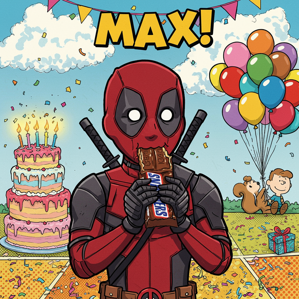 In the vibrant world of this birthday card, Deadpool stands front and center, with his classic red and black suit exaggeratedly cartoonish, showcasing big googly eyes and an exaggerated, oversized grin. His mask's eyes are widened in delight as he devours an enormous Snickers bar. The chocolate bar is drawn larger than life, half-eaten, with chocolate and caramel oozing out in dramatic, squiggly lines.

Behind him, a colorful backdrop depicts a festive birthday scene. To the left, there's a tall, multicolored birthday cake, stacked with several wobbly layers of blue, pink, and yellow icing, each topped with a flickering candle. Each candle's flame is a bright, dynamic swirl of oranges and yellows, adding an energetic flair. 

To the right, an explosion of balloons in every imaginable color floats upwards, their strings tangling in mid-air, forming a chaotic yet joyful pattern. Among the balloons, a small, mischievous squirrel (a nod to Bill Watterson's style) clings to a string, with an exaggeratedly surprised expression.

In the sky above, fluffy clouds drawn with delicate lines frame the scene. Among them, a bold, brightly-colored banner unfurls, with the word "Maxi" in large, playful bubble letters, each letter a different color of the rainbow. 

The ground is a patchwork of comic book-style panels, using thick outlines and dotted textures, reminiscent of R. Crumb’s underground comix work, but with a lighter, more playful touch. Scattered confetti, drawn in sharp, angular shapes and bright hues, covers the ground, completing the exuberant celebration.

This scene combines the humor and simplicity of Charles Schulz with the vibrant energy of classic Disney animations, offering a dynamic, eye-catching birthday greeting card cover.
Generated with these themes: Deadpool eating a Snickers.
Made with ❤️ by AI.