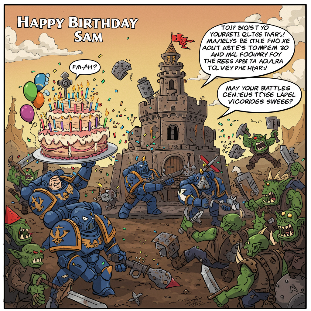 At the top of the Cartoon Style image, the text reads: "Happy birthday Sam"

**Image Description:**

Imagine a playful cartoon scene set in the whimsical universe of Warhammer. The scene features a group of cheerful, exaggerated Space Marines with comically oversized armor, joyfully battling a horde of mischievous, brightly colored Orks. The Space Marines are using giant party poppers instead of weapons, and the Orks are showered in confetti, laughing with surprise. The vibrant colors and thick outlines give life to this energetic and amusing chaos.

In the background, a huge birthday cake shaped like a Warhammer fortress stands proudly, with candles resembling miniature power swords flickering at the top. A cheeky cartoon banner unfurls across the sky, with the text: "May your battles be fun and your victories sweet!" 

This joyful and animated scene captures the spirit of a fun-filled birthday celebration in a fantastical Warhammer world.
Generated with these themes: Warhammer, and .
Made with ❤️ by AI.