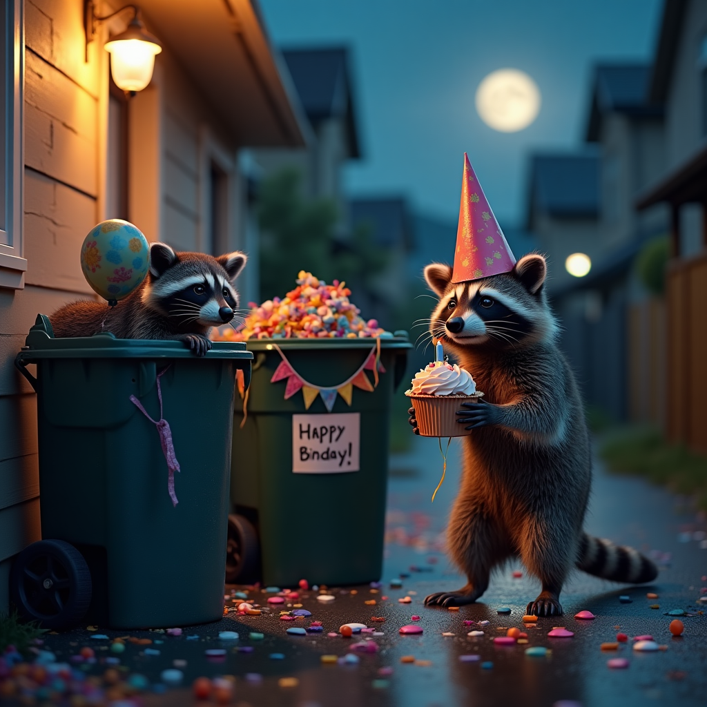 Raccoons in Bins Birthday Cards - Silly Robot Cards