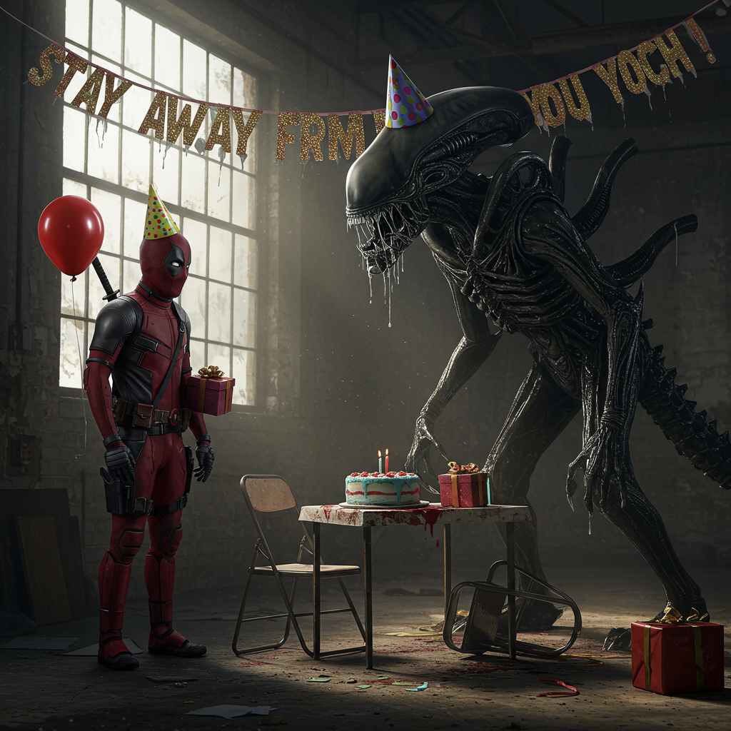 **Image Prompt (Realistic Photograph Style, Solemn Mood):**

A realistic photograph depicting Deadpool standing alone in a dimly lit, abandoned warehouse with shafts of light breaking through cracked windows. He’s holding a deflated red balloon in one hand and a slightly crushed gift-wrapped present in the other, his mask expressionless. Across from him looms a large, towering Xenomorph wearing a slightly tilted, shiny metallic party hat. The Xenomorph is dripping viscous saliva from its open maw, hunched low with its tail curled around a toppled metal chair. Between them sits a small, sagging table with a lopsided birthday cake, frosted with dull blue icing and one flickering candle. Hanging crookedly above the scene is a grimy birthday banner that reads, “Stay away from the cake you bitch!” in cracked glitter letters. The overall atmosphere is somber and surreal, with muted colors, stark lighting, and a heavy sense of tension — as if this party took a very wrong turn.
Generated with these themes: Deadpool holding a balloon and present, Large, scary Xenomorph wearing a party hat and drooling, Birthday cake with blue icing, and Banner saying, "Stay away from the cake you bitch!".
Made with ❤️ by AI.