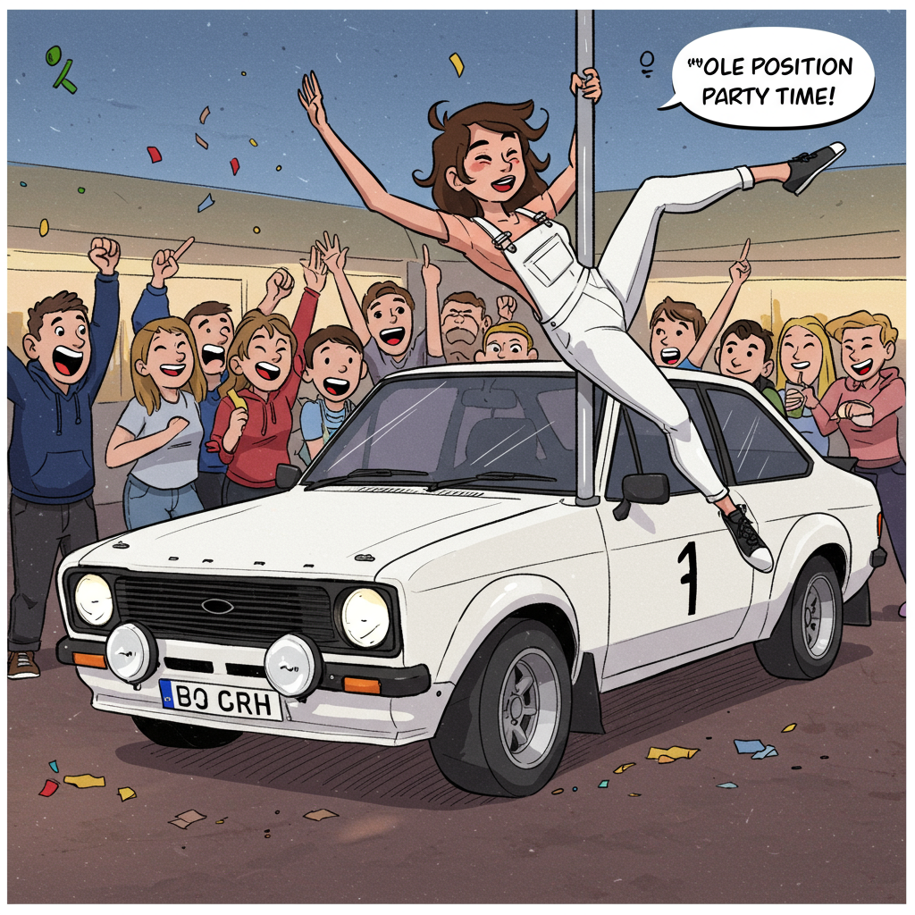 **Image Prompt:**

In a lively, cartoon-style illustration, depict a dynamic scene featuring a classic Ford Escort Mk2 rally car. The car, painted in a crisp white with rally arches, is parked off-center, radiating excitement with its gleaming headlights. Nearby, a brunette character dressed in white overalls with black trim is performing an unexpected yet entertaining pole dance. Her expression is playful and confident, adding to the humor of the scene. Surrounding this quirky spectacle is a vibrant crowd, drawn with exaggerated features and joyous expressions, cheering enthusiastically. Their animated reactions add to the atmosphere, amplifying the celebratory vibe. 

**Text Caption (small, cheeky):**  
"Pole Position Party Time!"
Generated with these themes: Ford escort mk2 rally car in white with rally arches, Brunette pole dancing in whilte overalls with black trim, Cheering crowd with no signs, and .
Made with ❤️ by AI.