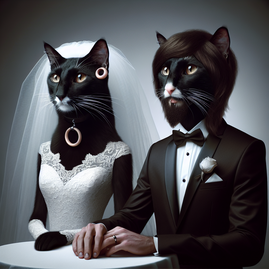 2) Wedding AI Generated Card - Two black cats with white noses getting married, Male cat one flesh tunnel earing and black short beard and short black wig, and Female cat long brown hair wig (05515)