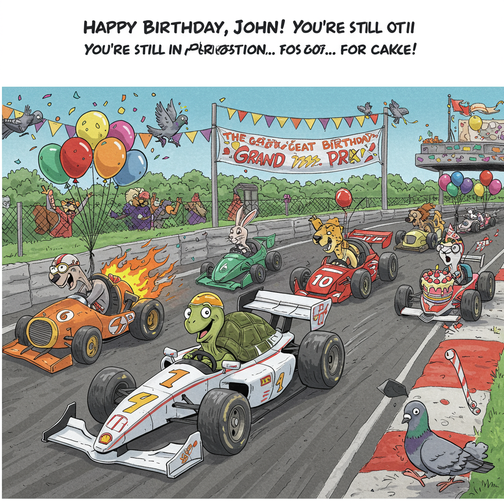 **Image Prompt:**

At the top of the cartoon image, *"Happy Birthday, John! You’re still in pole position... for cake!"*

The image shows a wacky, colorful racetrack scene with cartoon animals as race car drivers. John is represented by a grinning turtle in a souped-up Formula 1 car, zooming past much faster animals like a panicked cheetah in a flaming, smoking jalopy, and a smug rabbit stalled on the side changing a flat tire. Confetti rains down from above, a pit crew of pigeons cheers wildly, and the racetrack banners read "The Great Birthday Grand Prix!" One car has balloons instead of wheels and a cake instead of an engine. Everything feels chaotic, cheerful, and hilariously fast-paced... except John’s chill turtle somehow effortlessly leading the race!
Generated with these themes: Racing.
Made with ❤️ by AI.