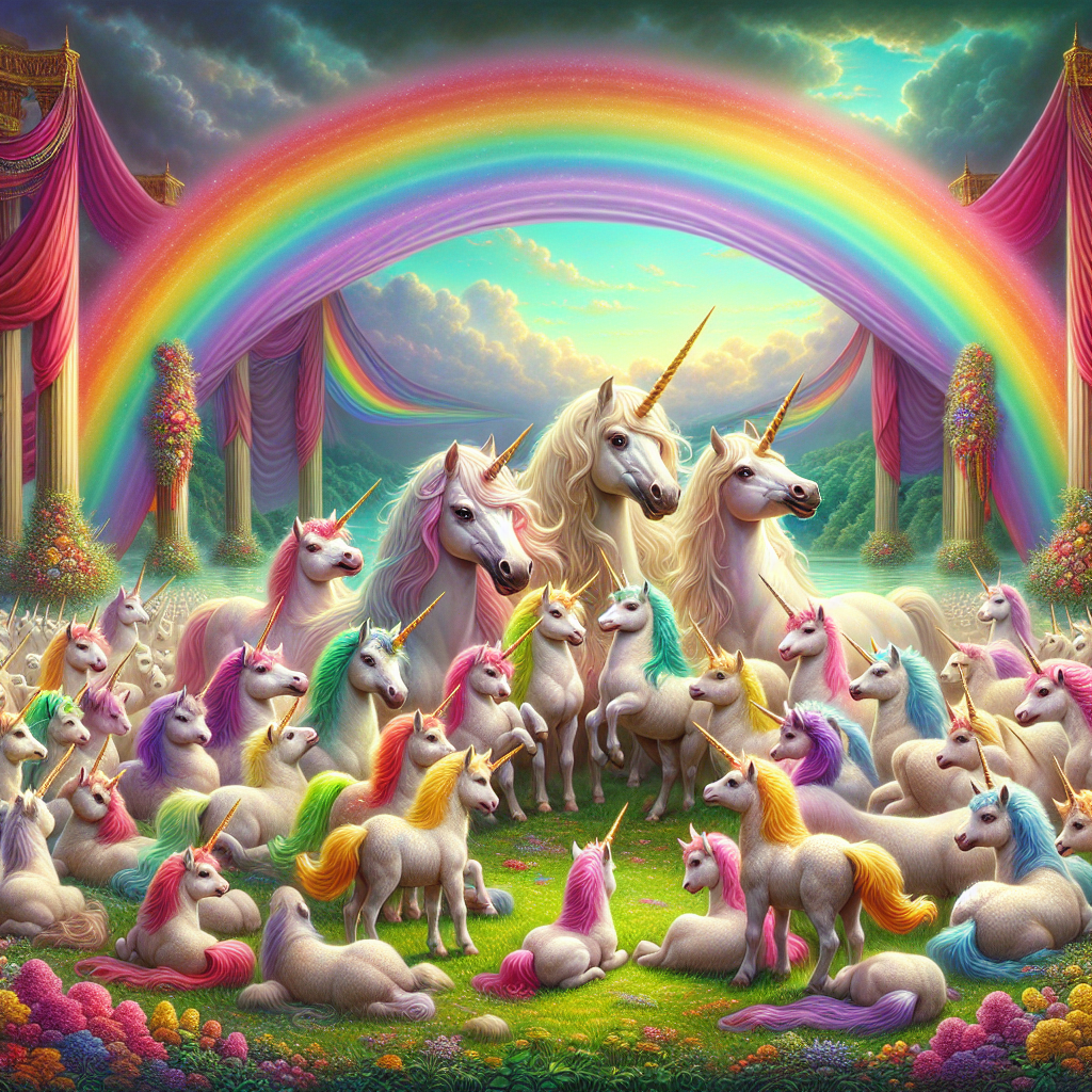 A heartwarming illustration encompasses a collection of unicorns harmoniously congregating under a grand, brightly hued rainbow sweeping across the sky. The realistic texture of their plush fur and lustrous horns juxtapose the vibrant colors of the rainbow. These magical creatures indulge in friendly play within a verdant meadow adorned with celebratory embellishments, expressing gratitude towards the splendor of flora surrounding them. The atmosphere is one of jubilation, as the mystical beings and elements of nature coalesce to host an enchanting thanksgiving festivity.
Generated with these themes: Rainbow, Unicorn, and Party.
Made with ❤️ by AI.