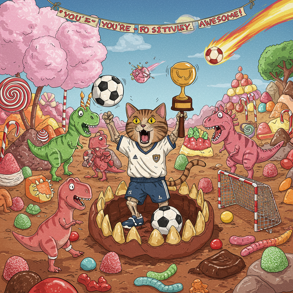**Image Prompt:**  

A quirky, cartoon-style illustration set in a colorful prehistoric landscape made entirely of candy—licorice trees, cotton candy clouds, and gumdrop boulders. In the center, a fossilized cat wearing a vintage soccer jersey bursts dramatically out of a giant jawbreaker buried in the ground, mid-roar, holding a chocolate soccer ball like a trophy. Surrounding it are amazed candy dinosaurs playing soccer with jellybean goals. One T-Rex referee (with a whistle made of peppermint) is showing a red licorice card to a sneaky gummy-worm player who tried to trip the cat. In the sky, birthday banners made of marshmallows spell out "You're Fossil-tively Awesome!" while a piñata comet blazes across the sky.

Mood: Playful, colorful, absurdly funny.  
Style: Whimsical hand-drawn cartoon illustration.
Generated with these themes: Fossils, Cats, Soccer , Candy, and .
Made with ❤️ by AI.